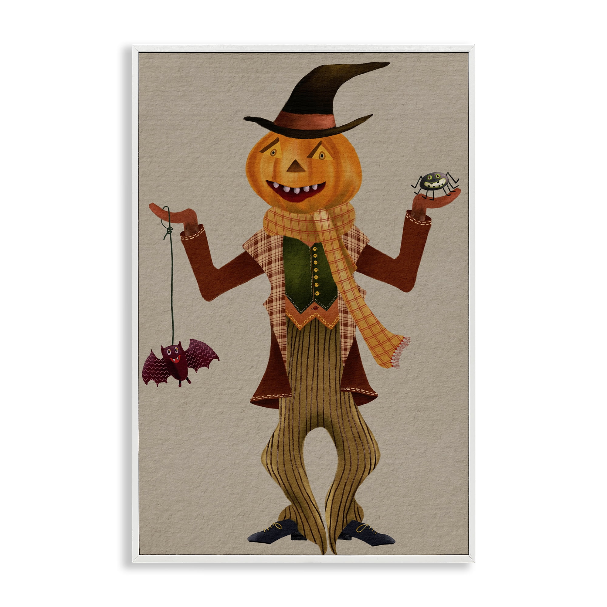 Stupell Industries Halloween Scarecrow & Bat Holiday Painting White Framed Art Print Wall Art, 12 x 18