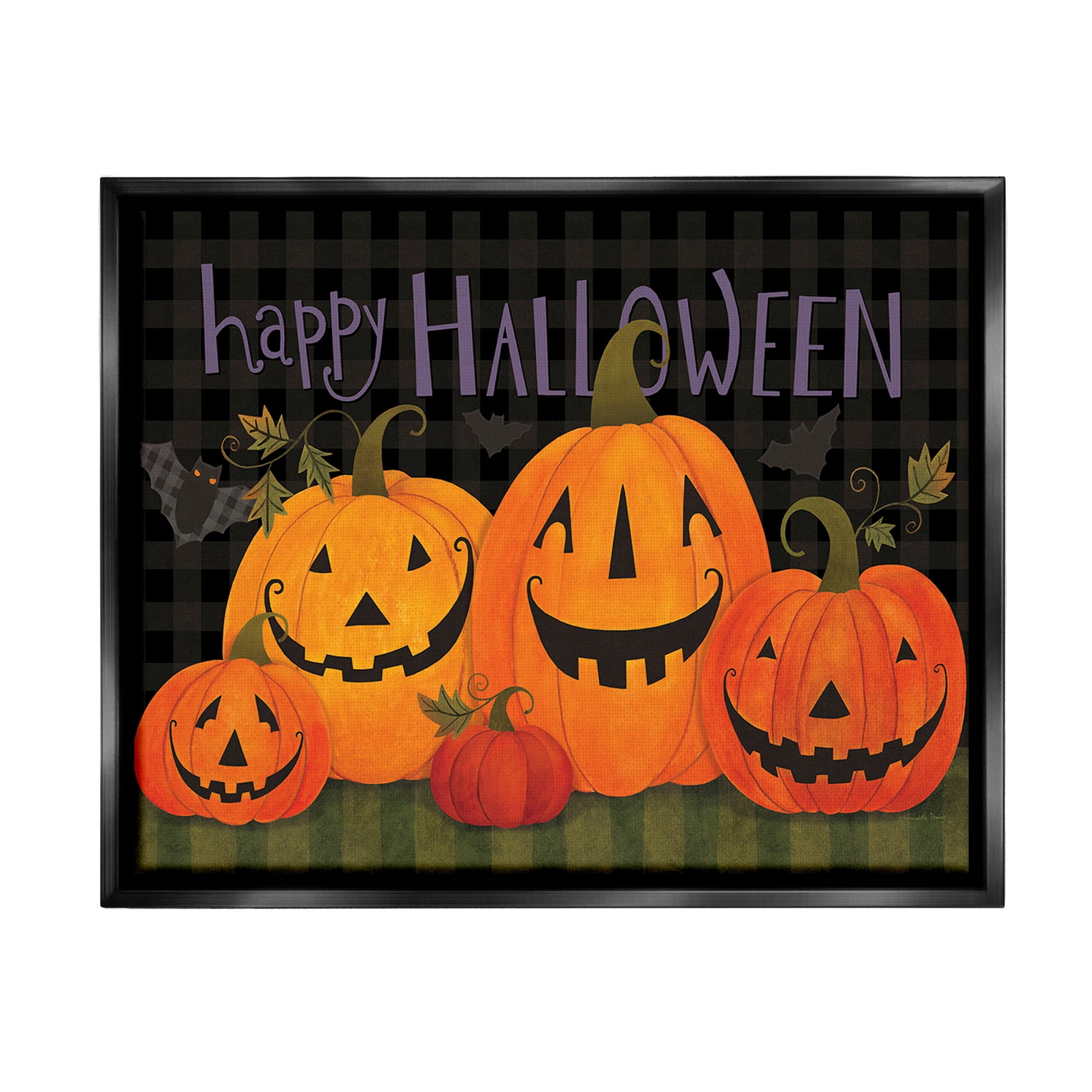Stupell Industries Halloween Smiling Jack-o-Lanterns Holiday Painting Black Floater Framed Canvas Art Print Wall Art, 21 x 17