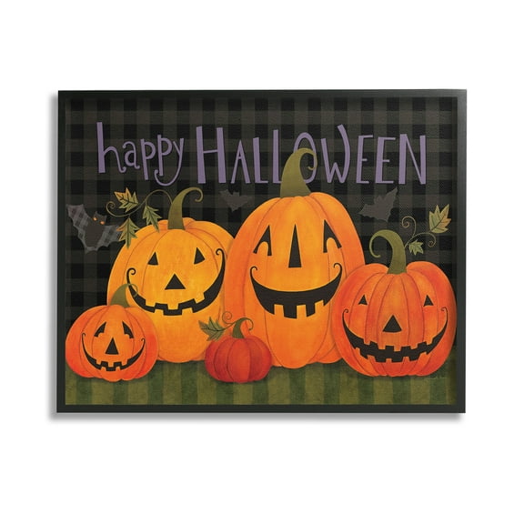 Stupell Industries Halloween Smiling Jack-o-Lanterns Holiday Painting Black Framed Art Print Wall Art, 14 x 11