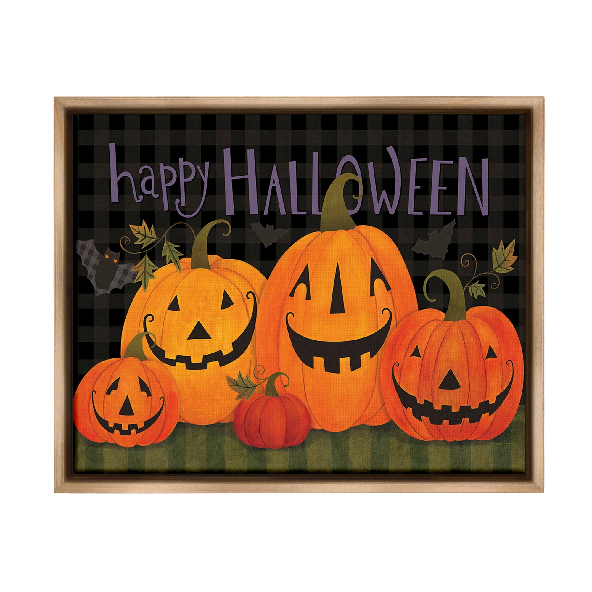 Stupell Industries Halloween Smiling Jack-o-Lanterns Holiday Painting Brown Floater Framed Canvas Art Print Wall Art, 31 x 25