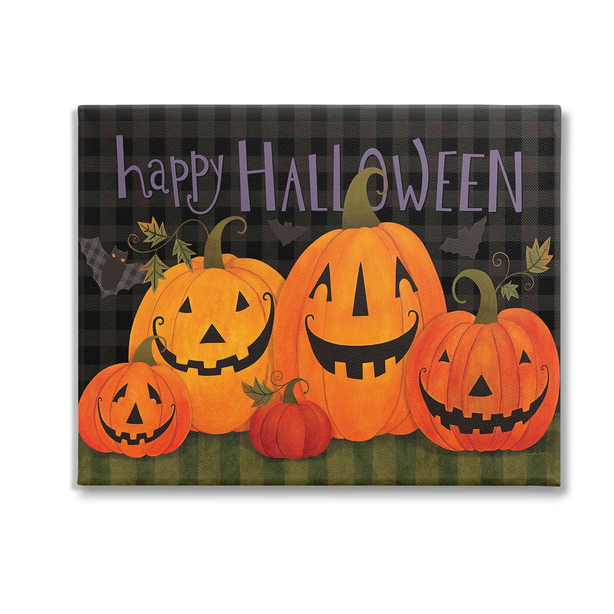 Stupell Industries Halloween Smiling Jack-o-Lanterns Holiday Painting Gallery Wrapped Canvas Art Print Wall Art, 20 x 16