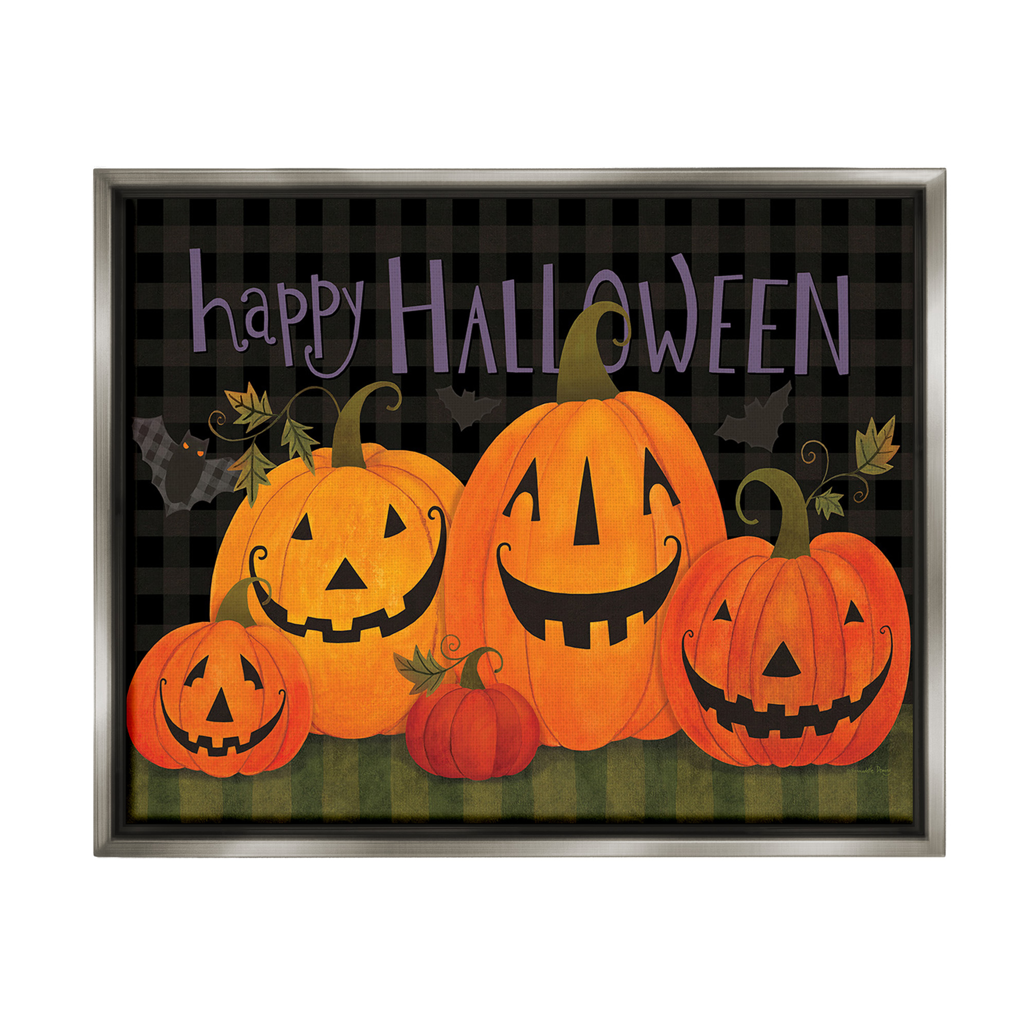 Stupell Industries Halloween Smiling Jack-o-Lanterns Holiday Painting Gray Floater Framed Canvas Art Print Wall Art, 21 x 17
