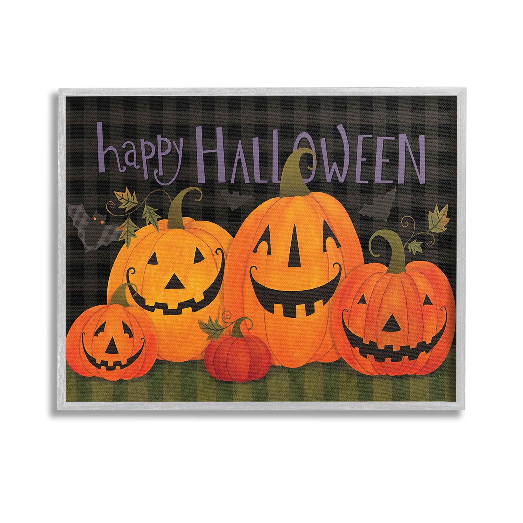 Stupell Industries Halloween Smiling Jack-o-Lanterns Holiday Painting Gray Framed Art Print Wall Art, 14 x 11