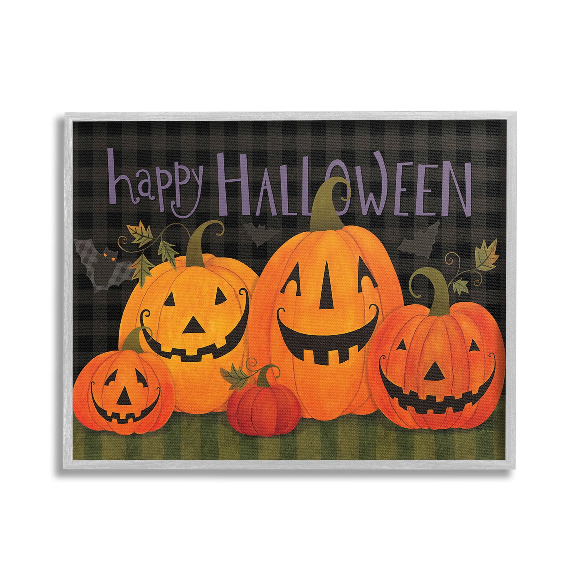Stupell Industries Halloween Smiling Jack-o-Lanterns Holiday Painting Gray Framed Art Print Wall Art, 30 x 24