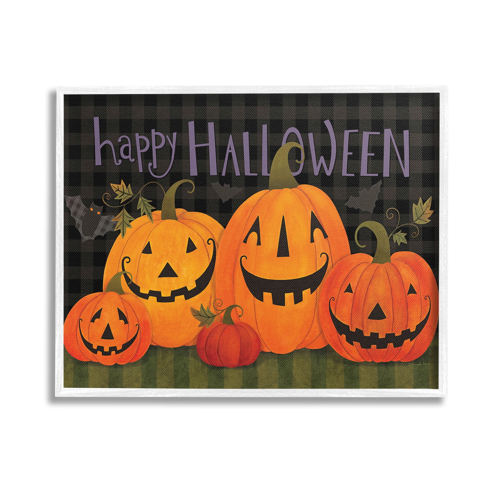 Stupell Industries Halloween Smiling Jack-o-Lanterns Holiday Painting White Framed Art Print Wall Art, 14 x 11
