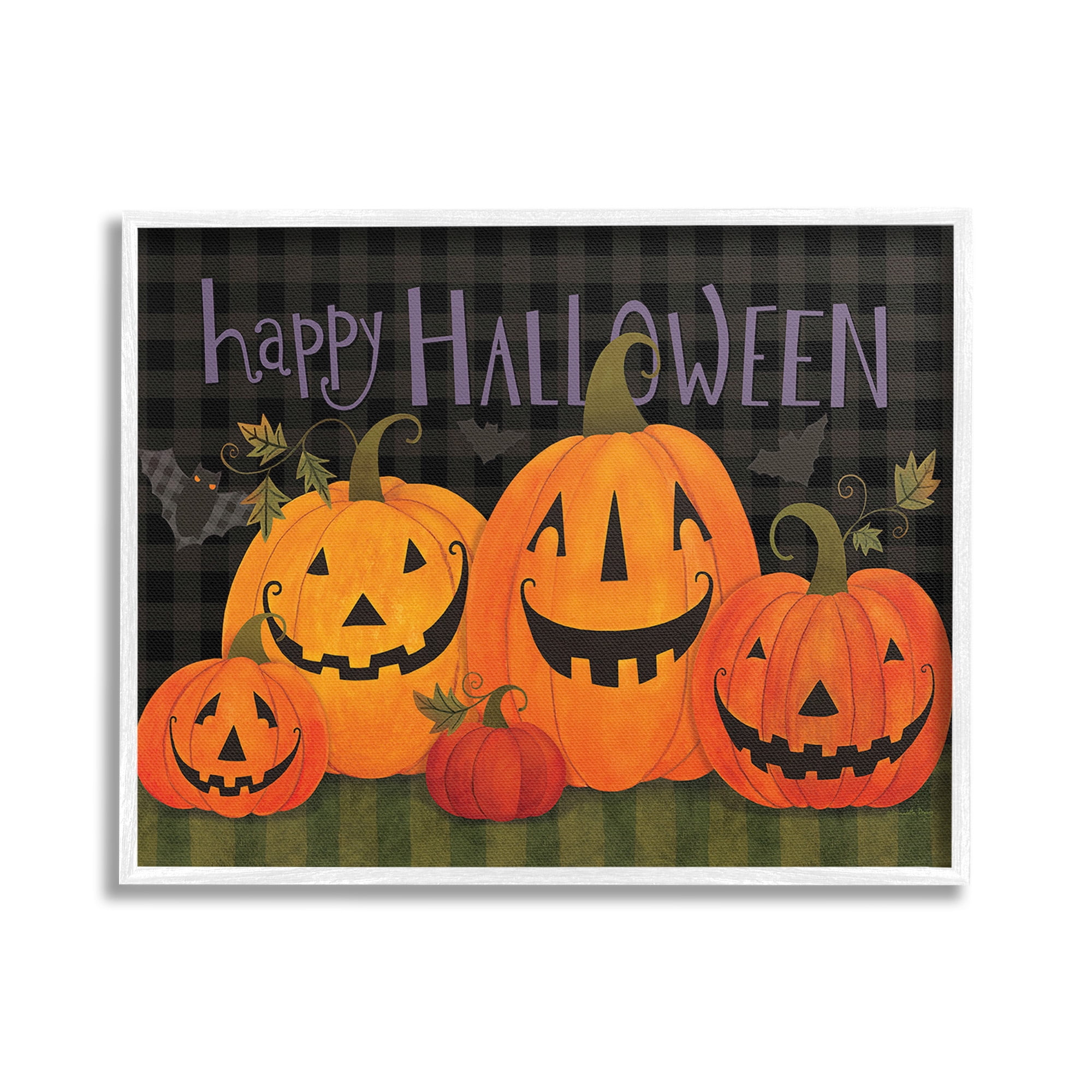 Stupell Industries Halloween Smiling Jack-o-Lanterns Holiday Painting White Framed Art Print Wall Art, 30 x 24