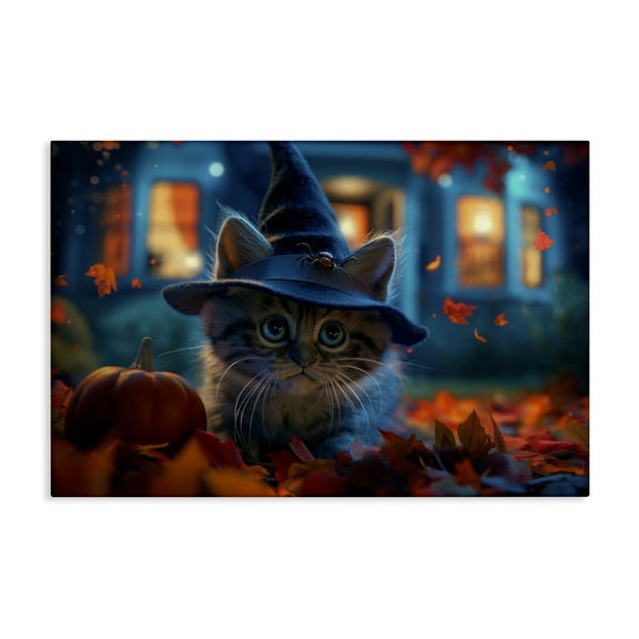 Stupell Industries Halloween Witch Kitten & Pumpkin Animals Painting Wrapped Canvas Canvas Art Print Wall Art, 24 x 16