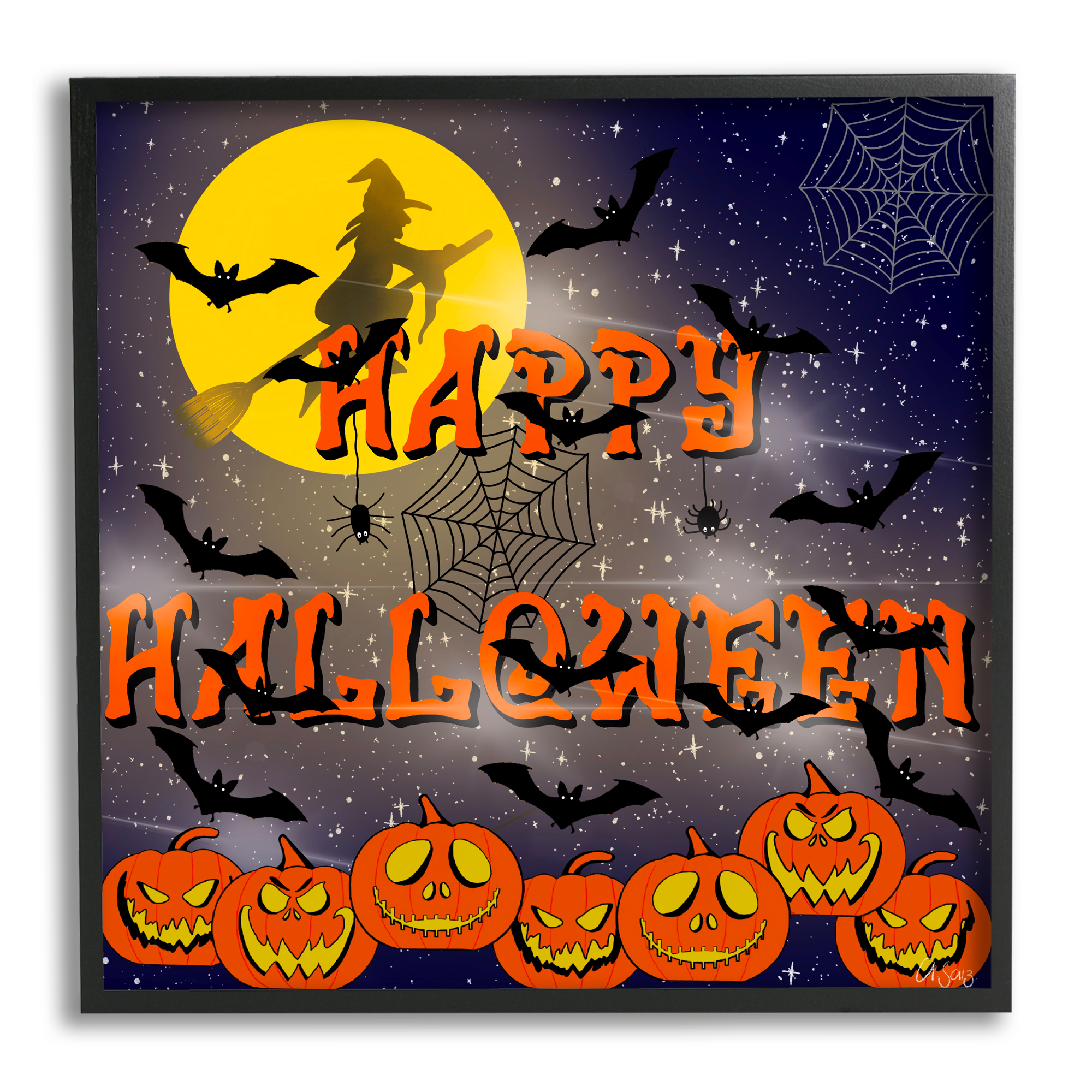 Stupell Industries Halloween Witch Scene Holiday Painting Black Framed Art Print Wall Art, 12 x 12
