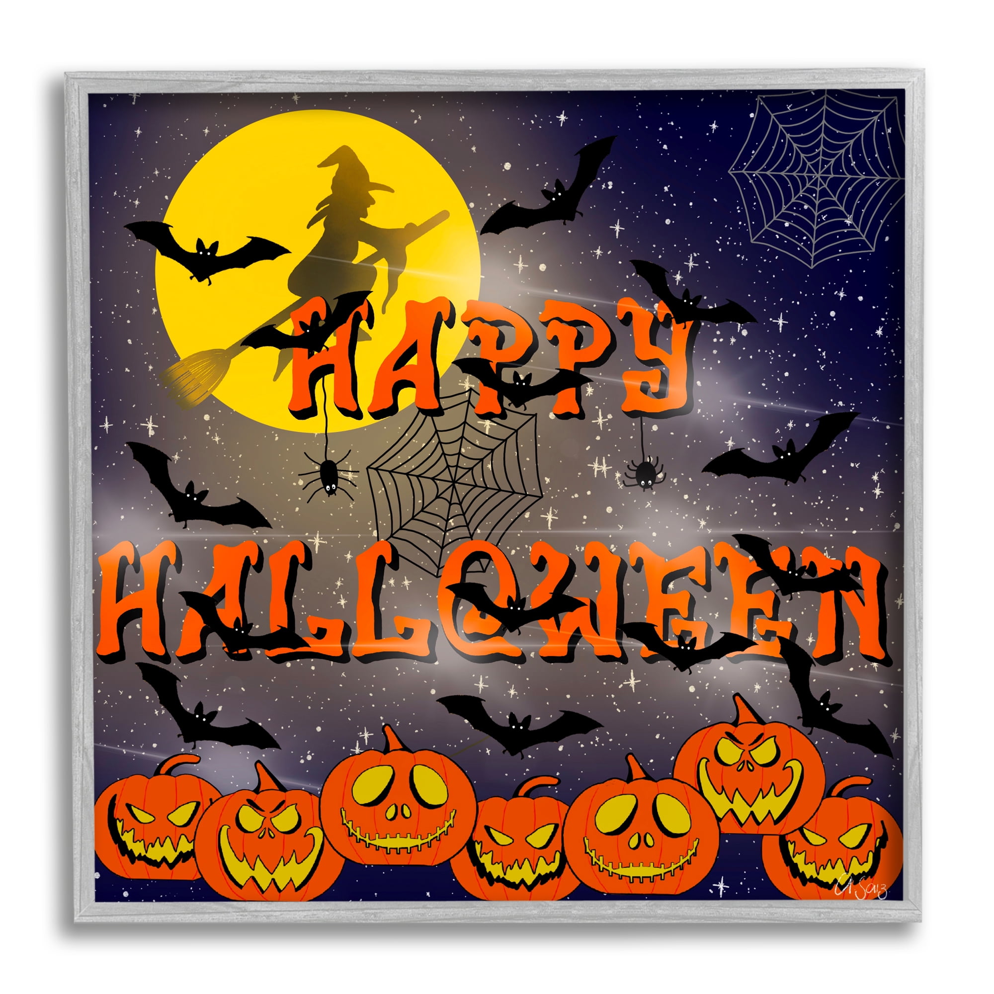 Stupell Industries Halloween Witch Scene Holiday Painting Gray Framed Art Print Wall Art, 17 x 17