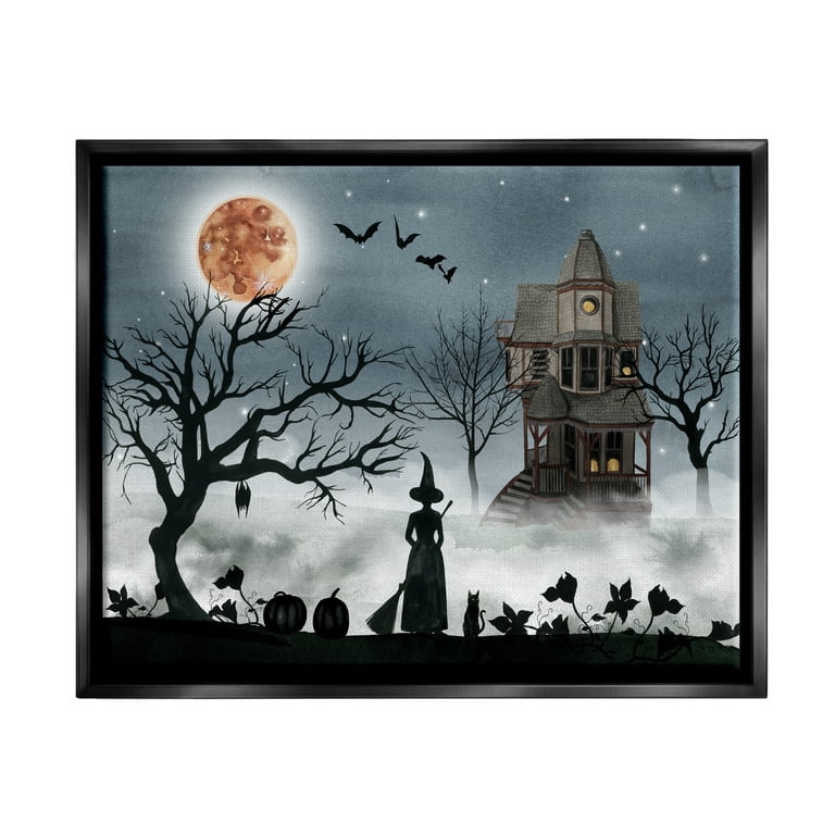 Stupell Industries Halloween Witch Silhouette in Full Moon Haunted House  Scene Jet Black Framed Floating Canvas Wall Art, 24x30, by Grace Popp
