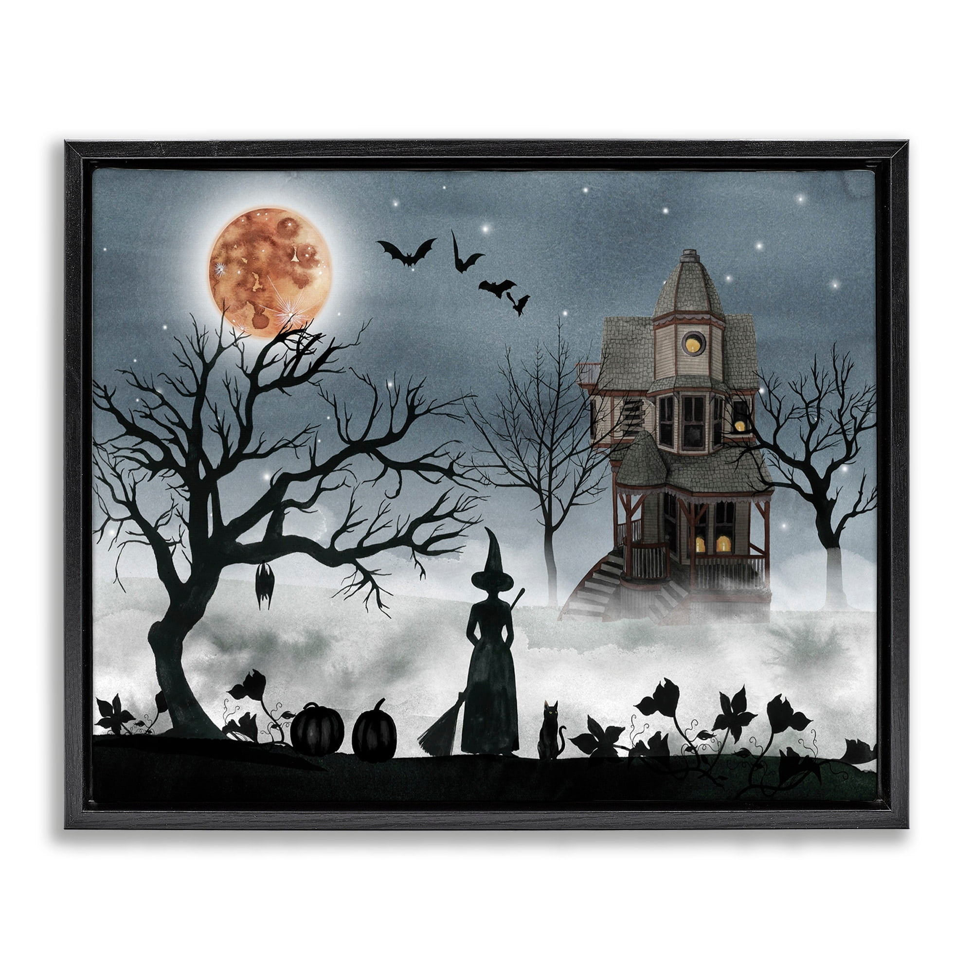 Stupell Industries Halloween Witch Silhouette in Full Moon Haunted House Scene Jet Black Framed Floating Canvas Wall Art, 24x30, by Grace Popp