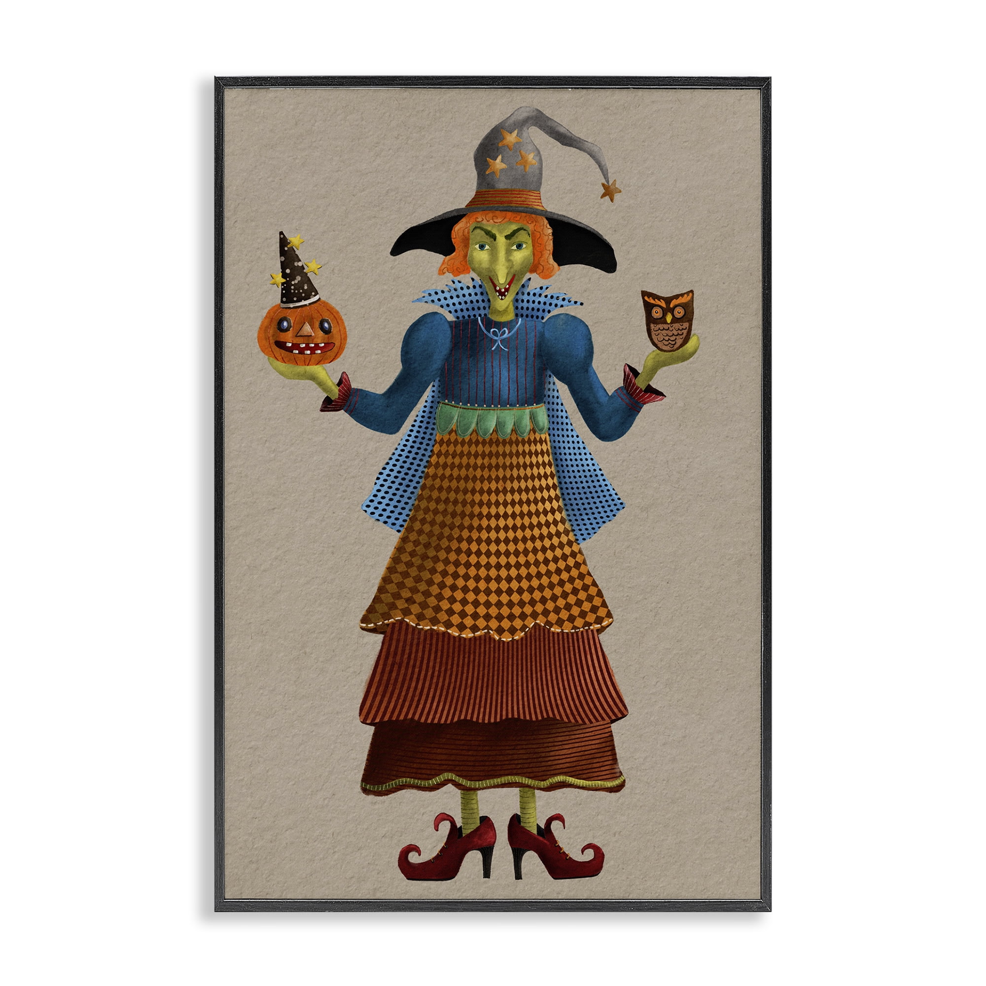 Stupell Industries Halloween Witch in Plaid Holiday Painting Black Framed Art Print Wall Art, 12 x 18