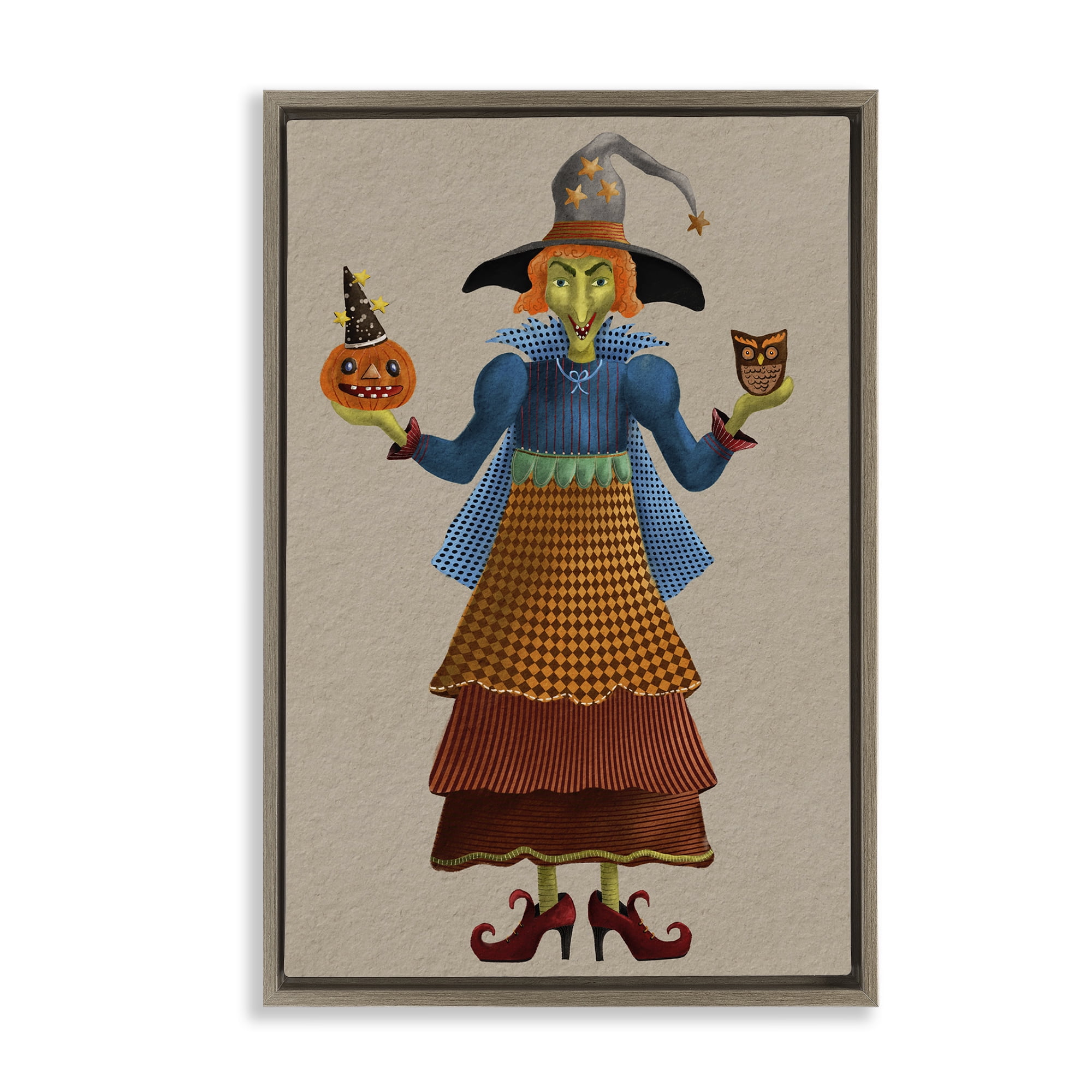 Stupell Industries Halloween Witch in Plaid Holiday Painting Brown Floater Framed Art Print Wall Art, 21 x 31