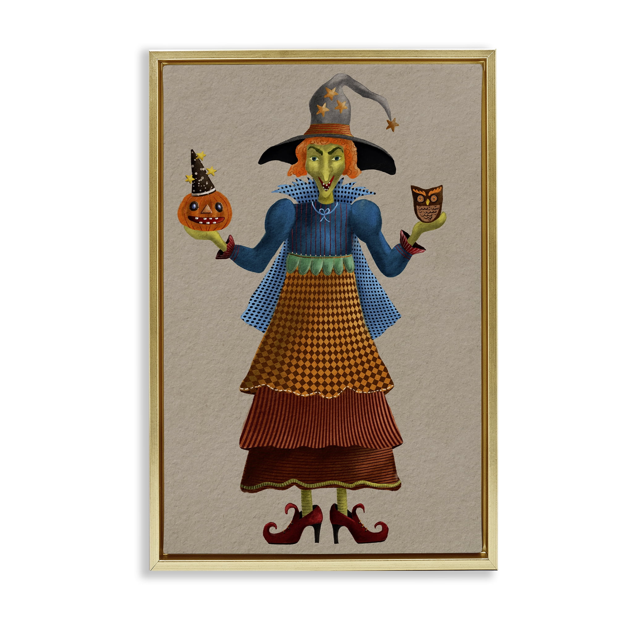 Stupell Industries Halloween Witch in Plaid Holiday Painting Gold Floater Framed Art Print Wall Art, 21 x 31