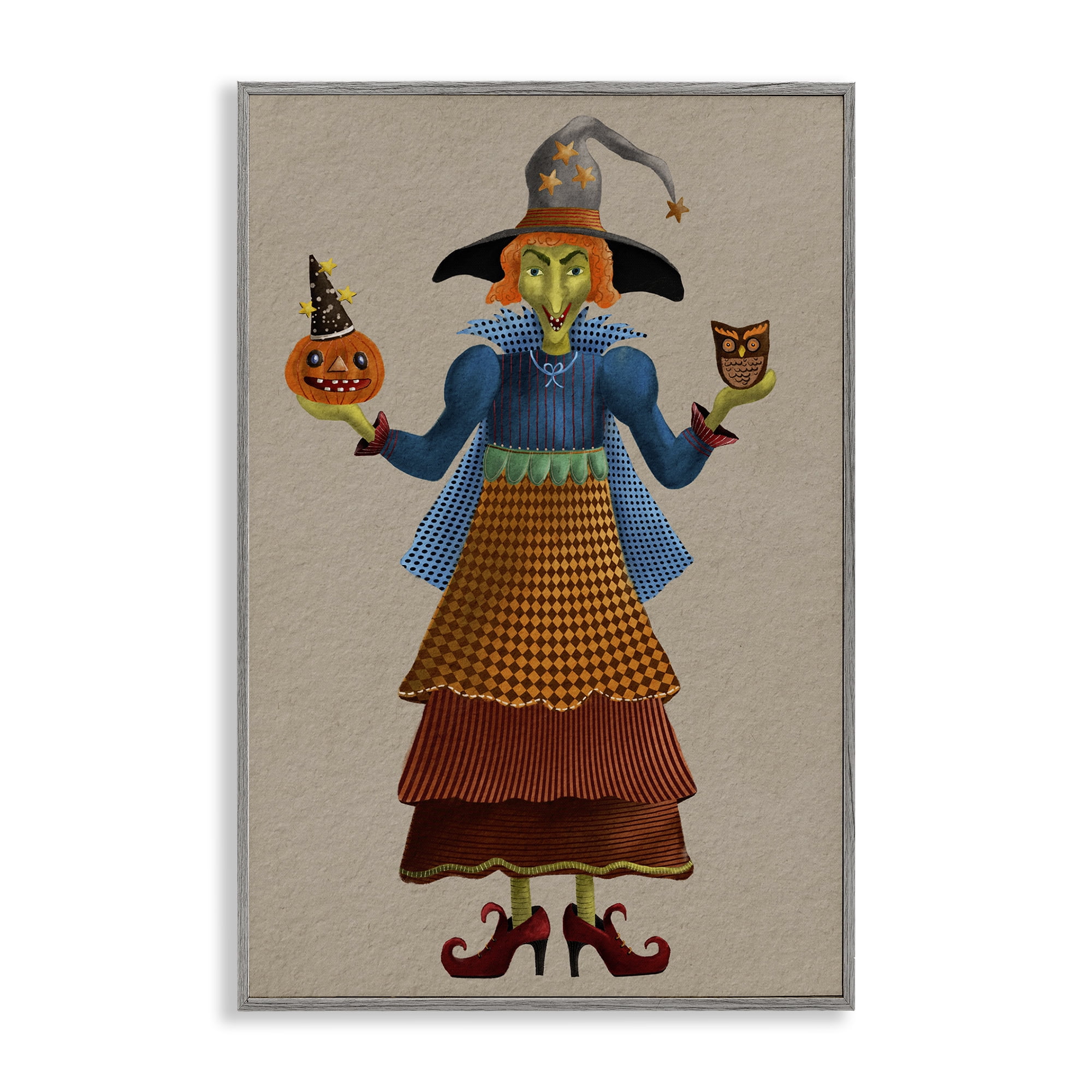 Stupell Industries Halloween Witch in Plaid Holiday Painting Gray Framed Art Print Wall Art, 20 x 30