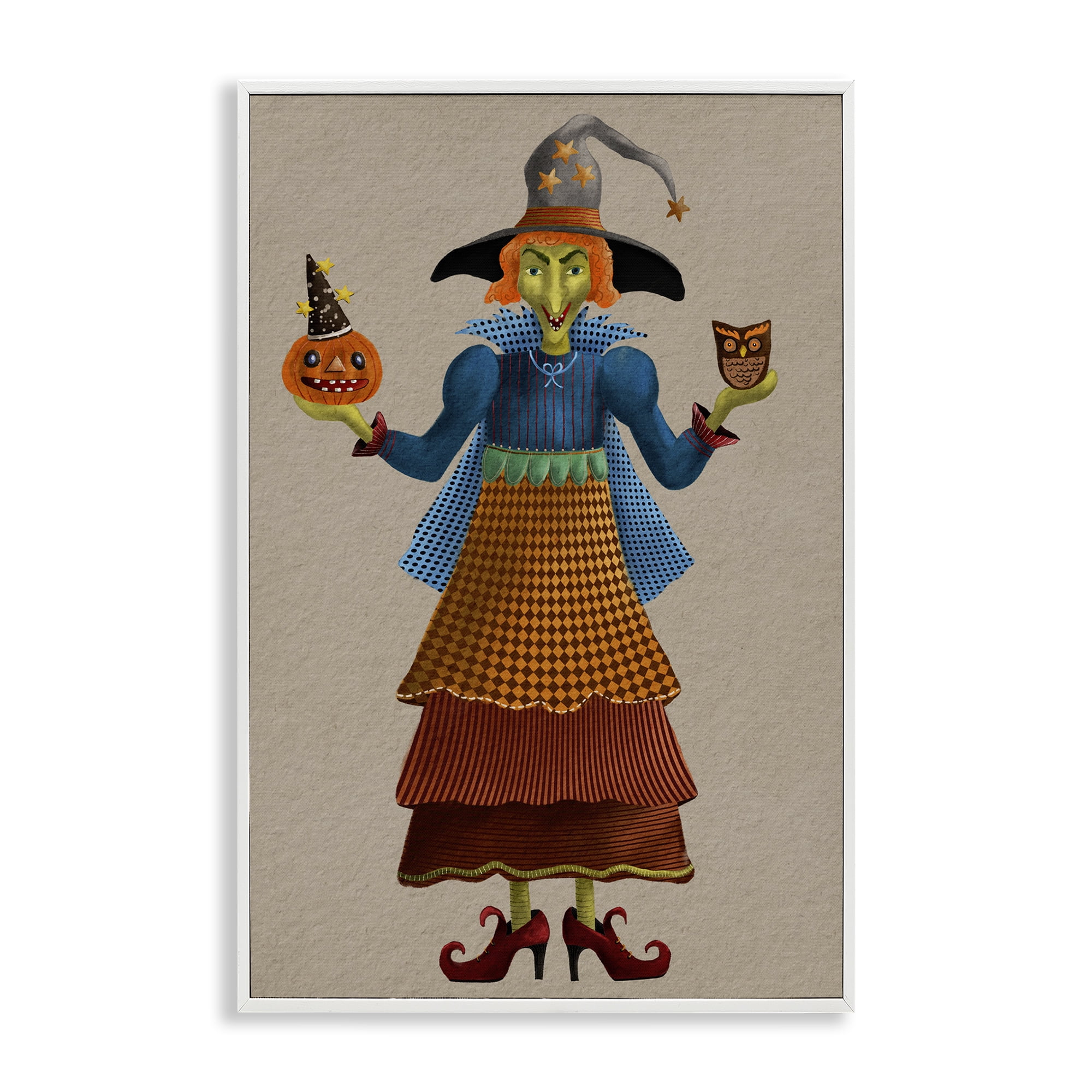 Stupell Industries Halloween Witch in Plaid Holiday Painting White Framed Art Print Wall Art, 20 x 30