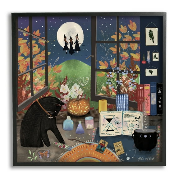 Stupell Industries Halloween Witches Autumn Moon Holiday Painting Black Framed Art Print Wall Art