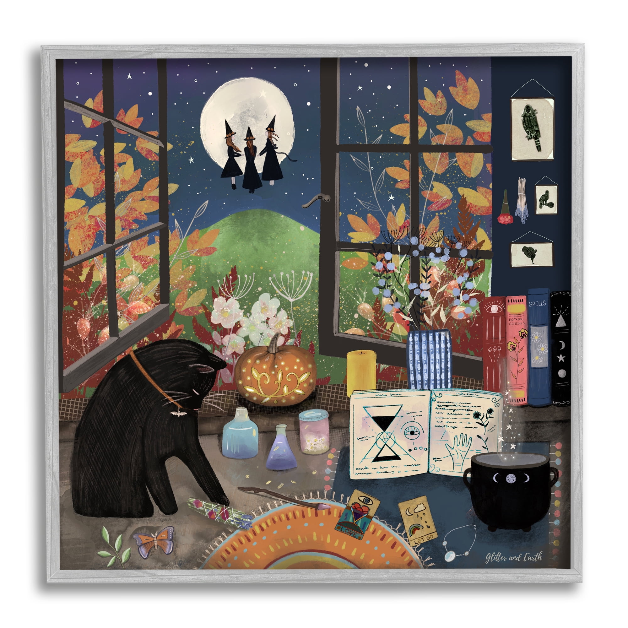 Stupell Industries Halloween Witches Autumn Moon Holiday Painting Gray Framed Art Print Wall Art