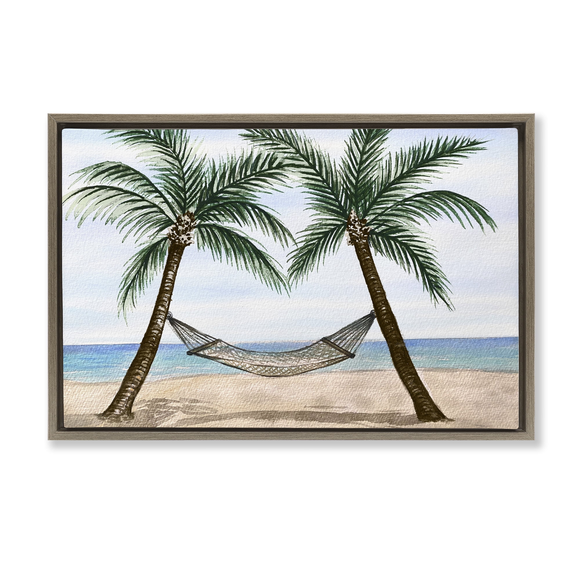 Stupell Industries Hammock Between Palms Landscape Painting Brown Floater Framed Canvas Art Print Wall Art, 31 x 21
