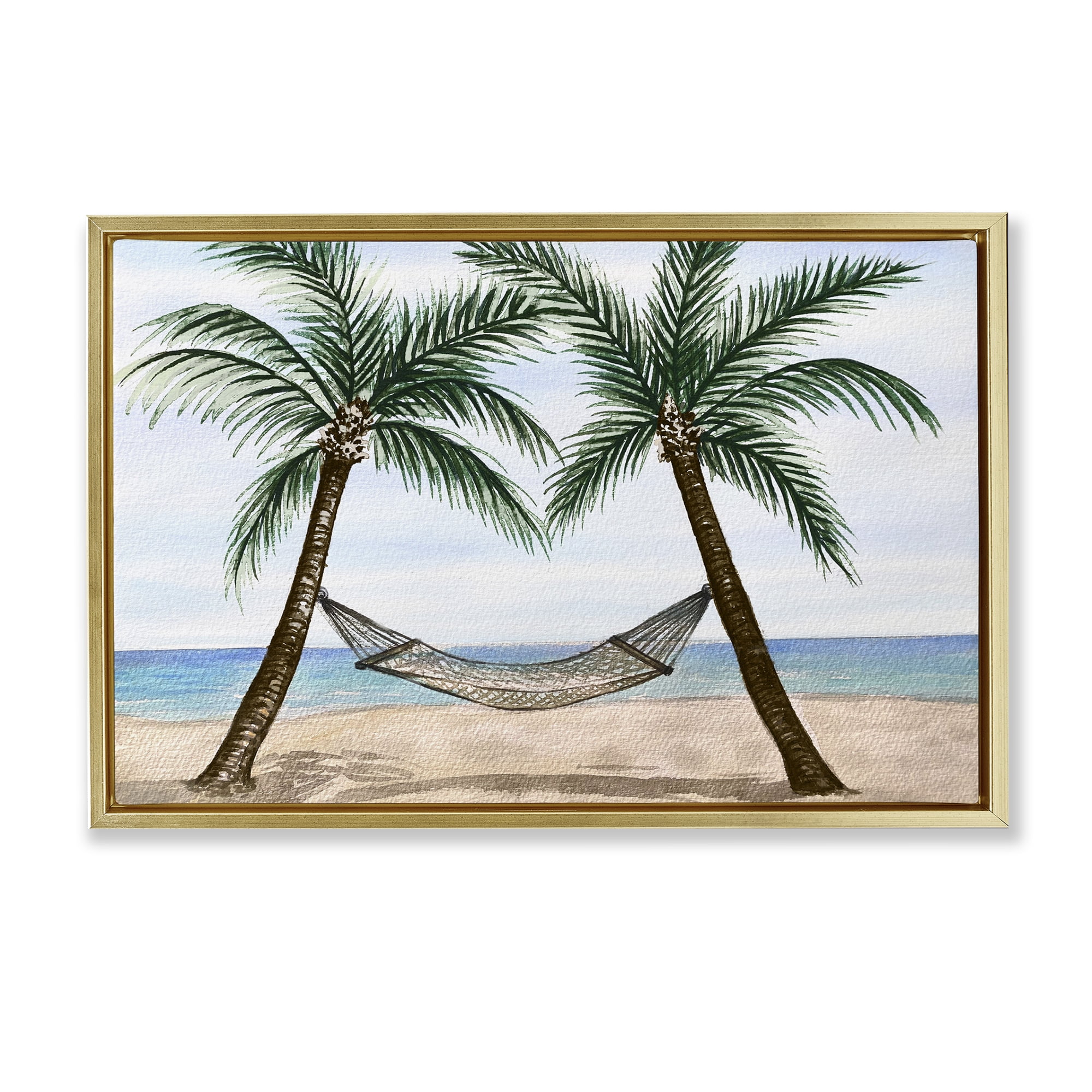 Stupell Industries Hammock Between Palms Landscape Painting Gold Floater Framed Canvas Art Print Wall Art, 25 x 17