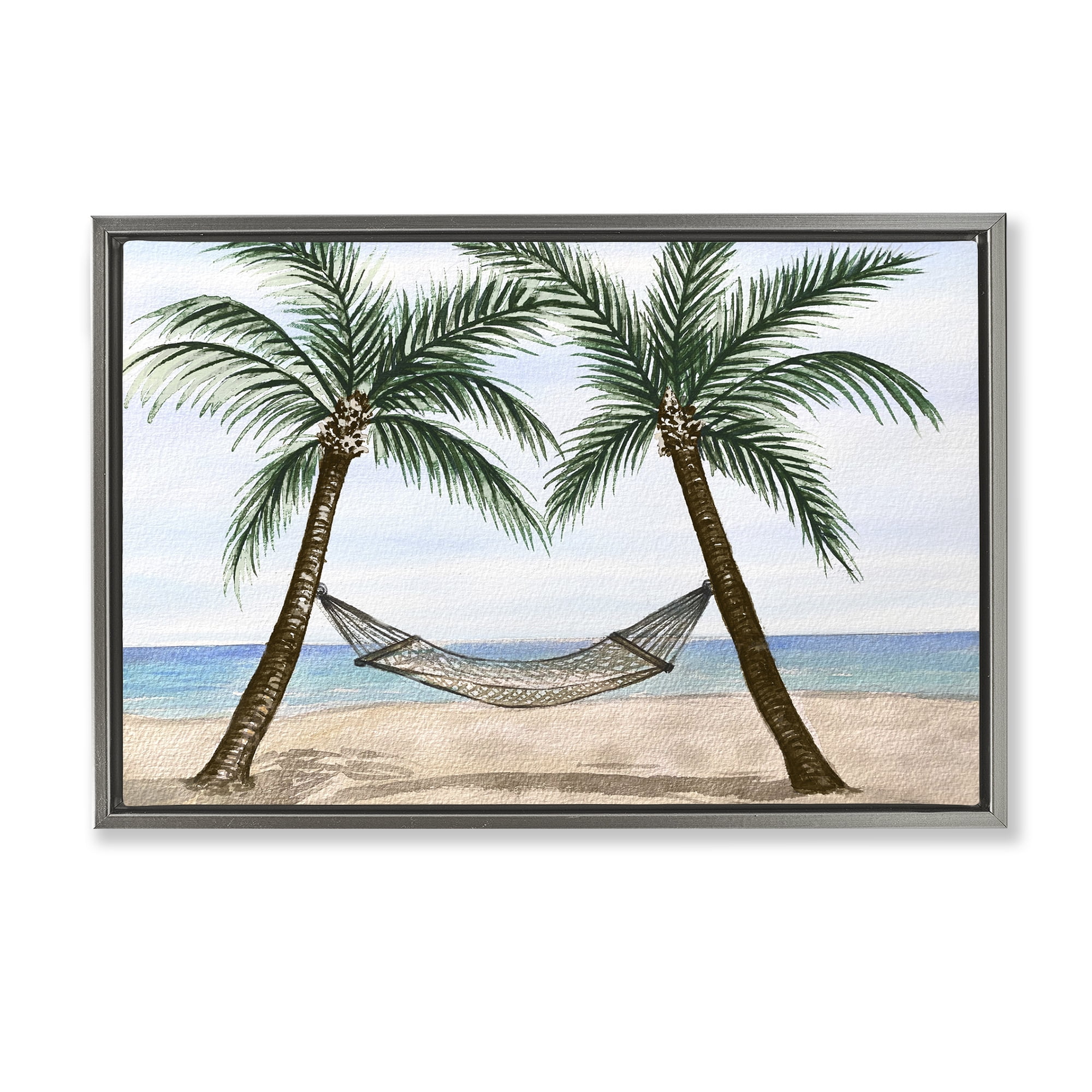 Stupell Industries Hammock Between Palms Landscape Painting Gray Floater Framed Canvas Art Print Wall Art, 25 x 17