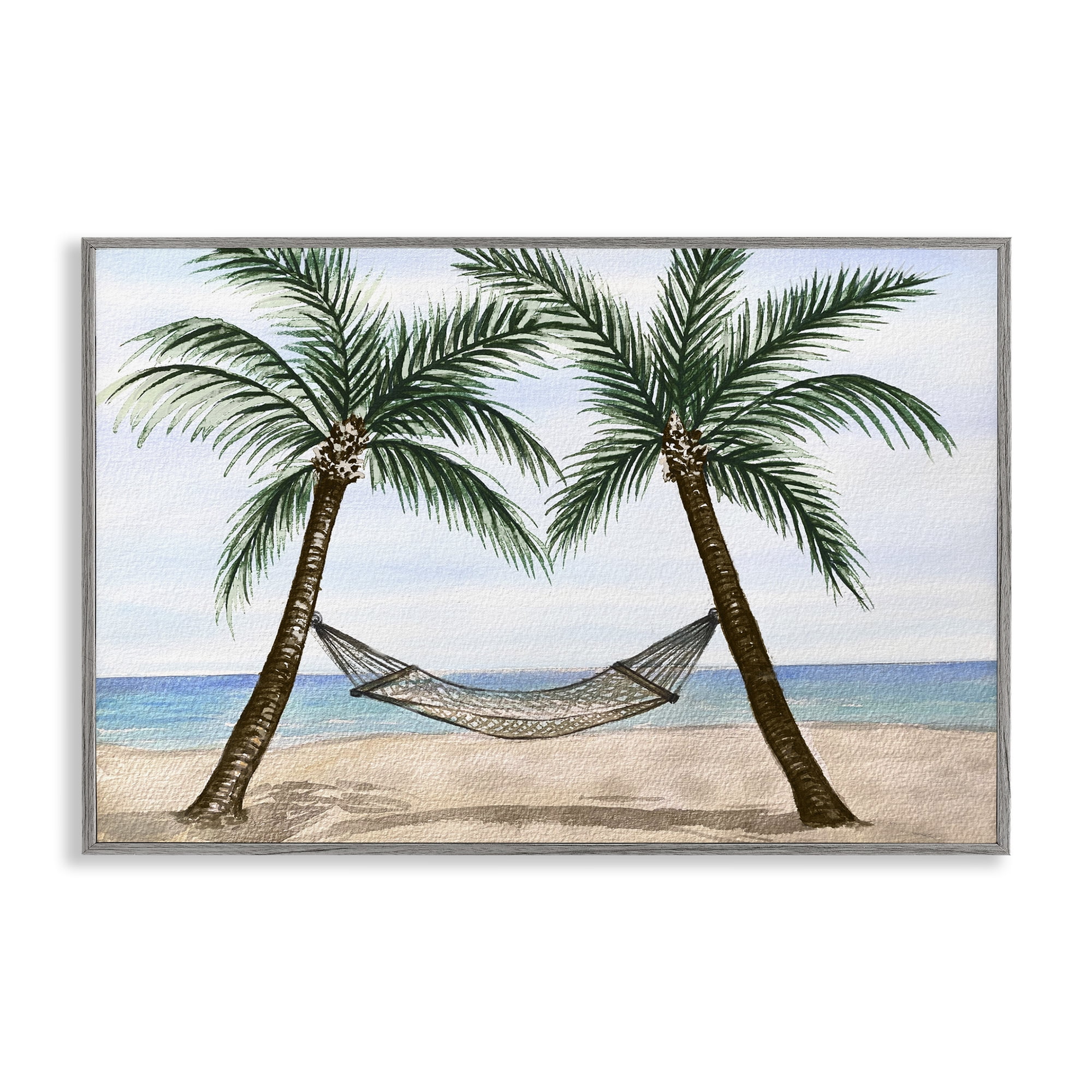 Stupell Industries Hammock Between Palms Landscape Painting Gray Framed Art Print Wall Art, 18 x 12