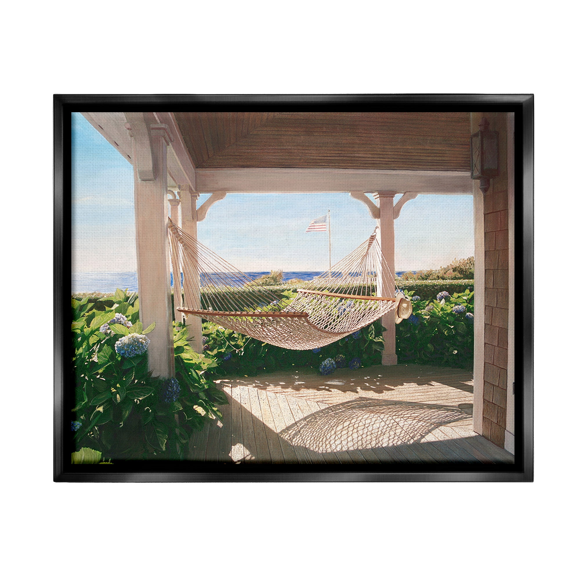 Stupell Industries Hammock & Coastal Porch Landscape Painting Black Floater Framed Canvas Art Print Wall Art, 31 x 25