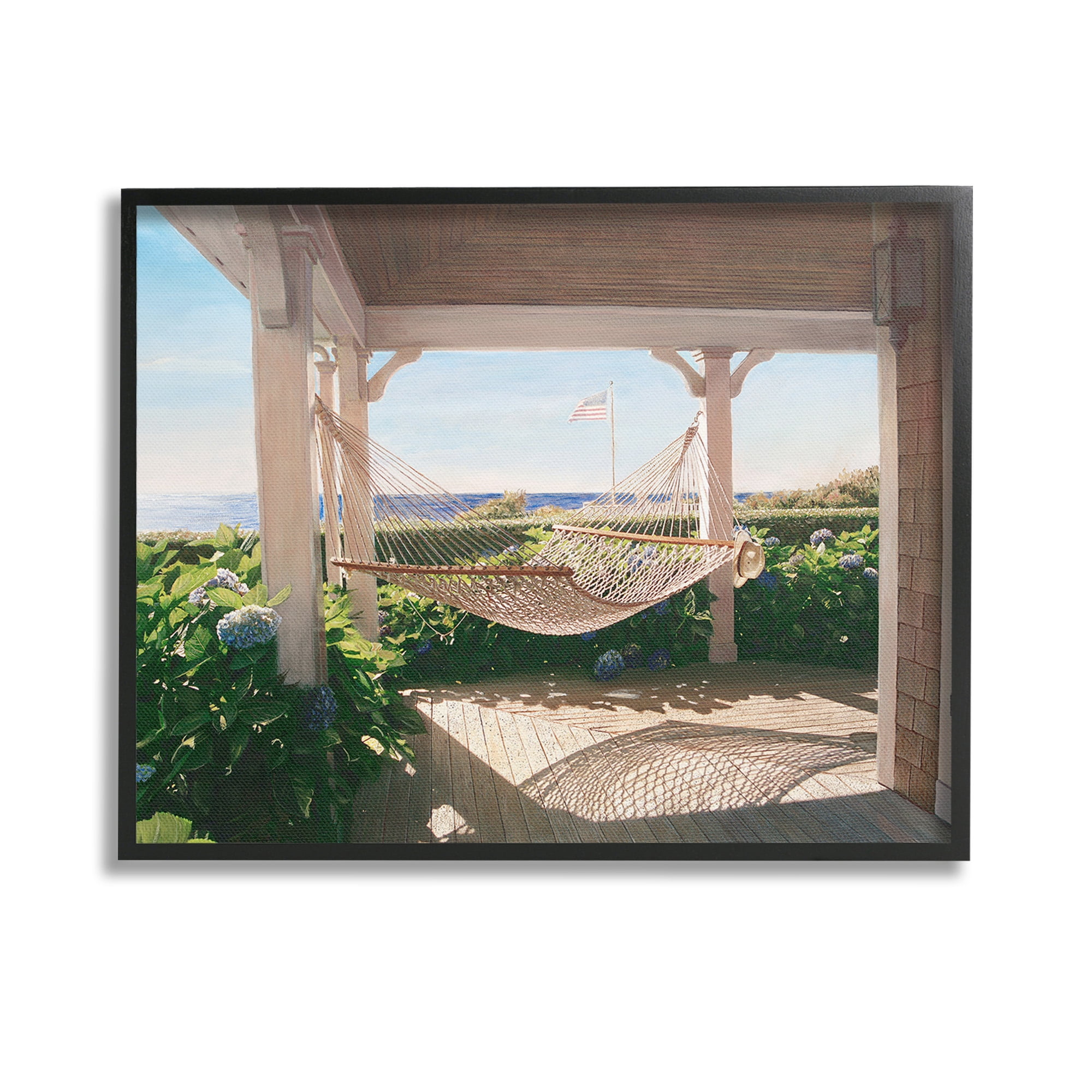 Stupell Industries Hammock & Coastal Porch Landscape Painting Black Framed Art Print Wall Art, 14 x 11