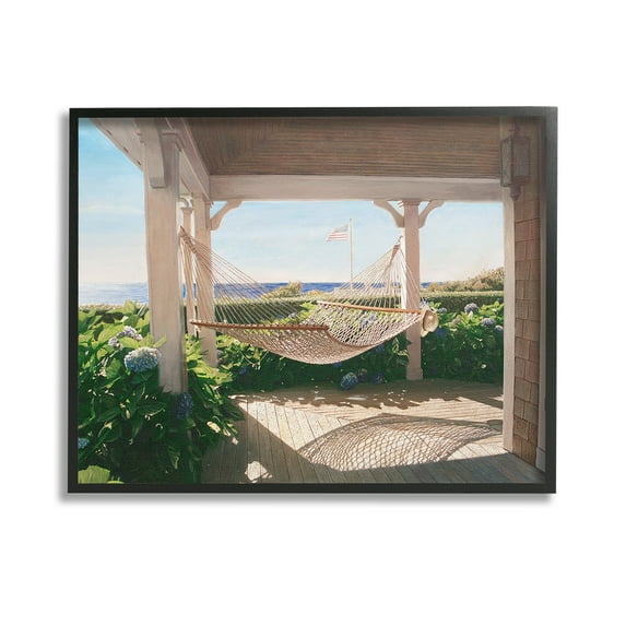 Stupell Industries Hammock & Coastal Porch Landscape Painting Black Framed Art Print Wall Art, 14 x 11