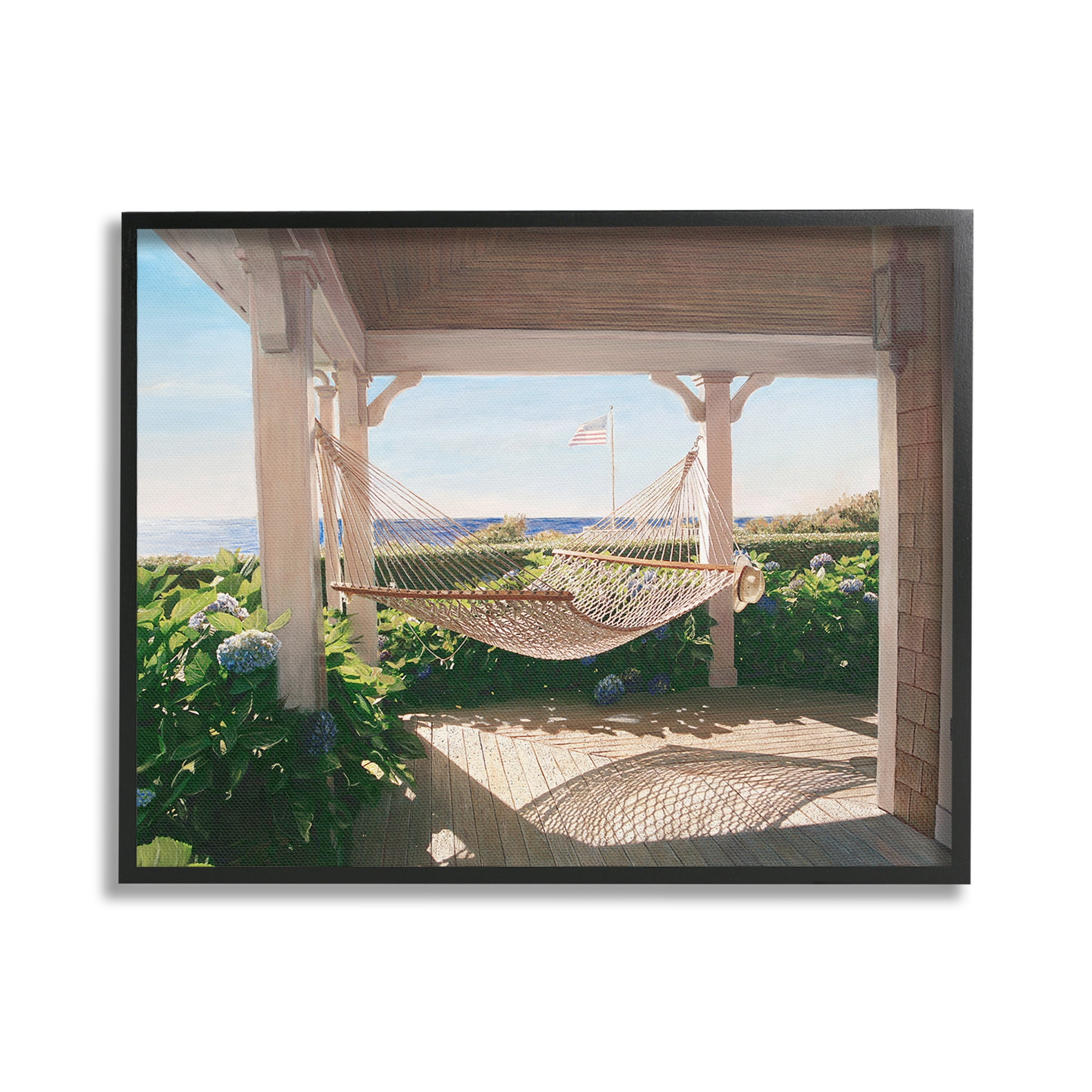 Stupell Industries Hammock & Coastal Porch Landscape Painting Black Framed Art Print Wall Art, 30 x 24
