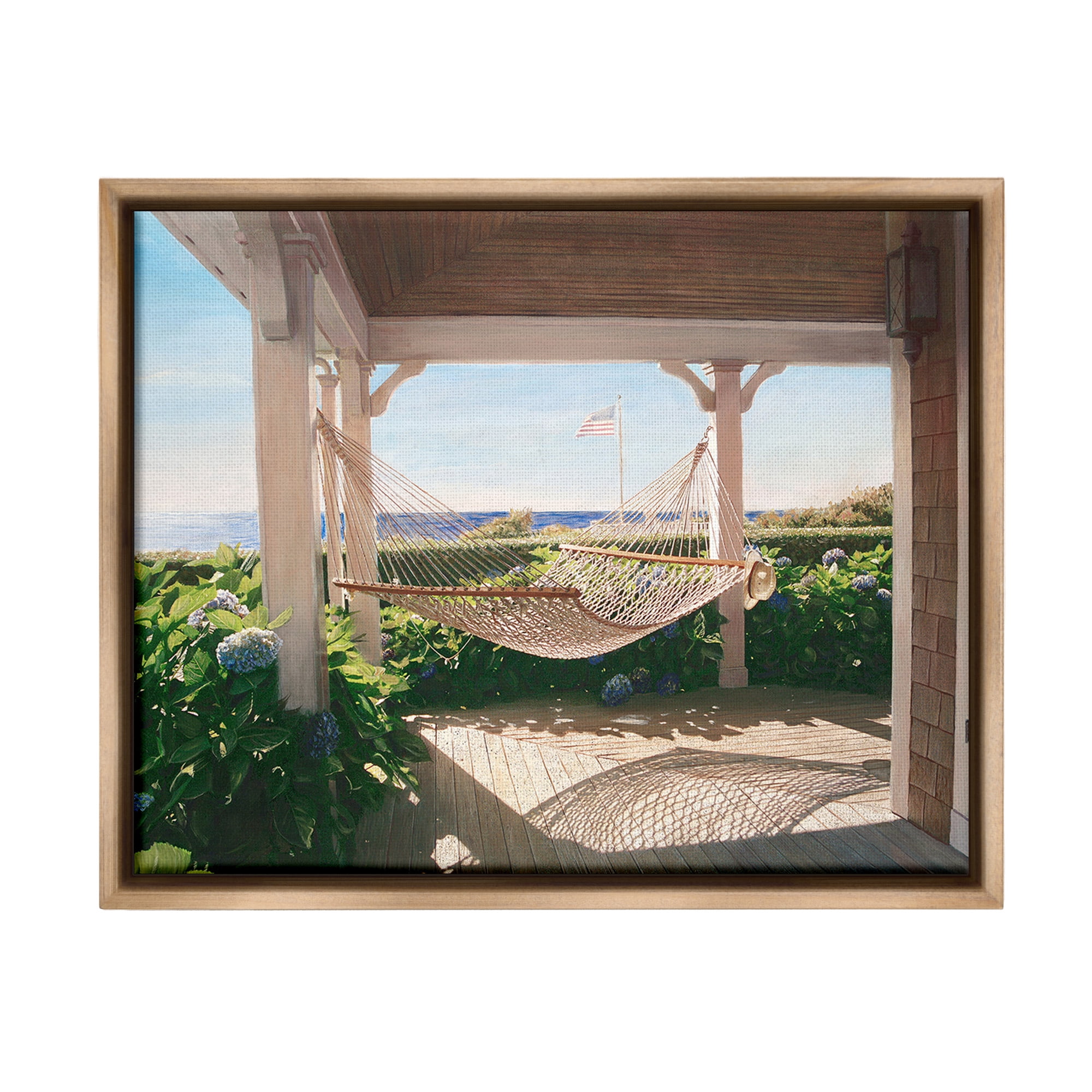 Stupell Industries Hammock & Coastal Porch Landscape Painting Brown Floater Framed Canvas Art Print Wall Art, 31 x 25