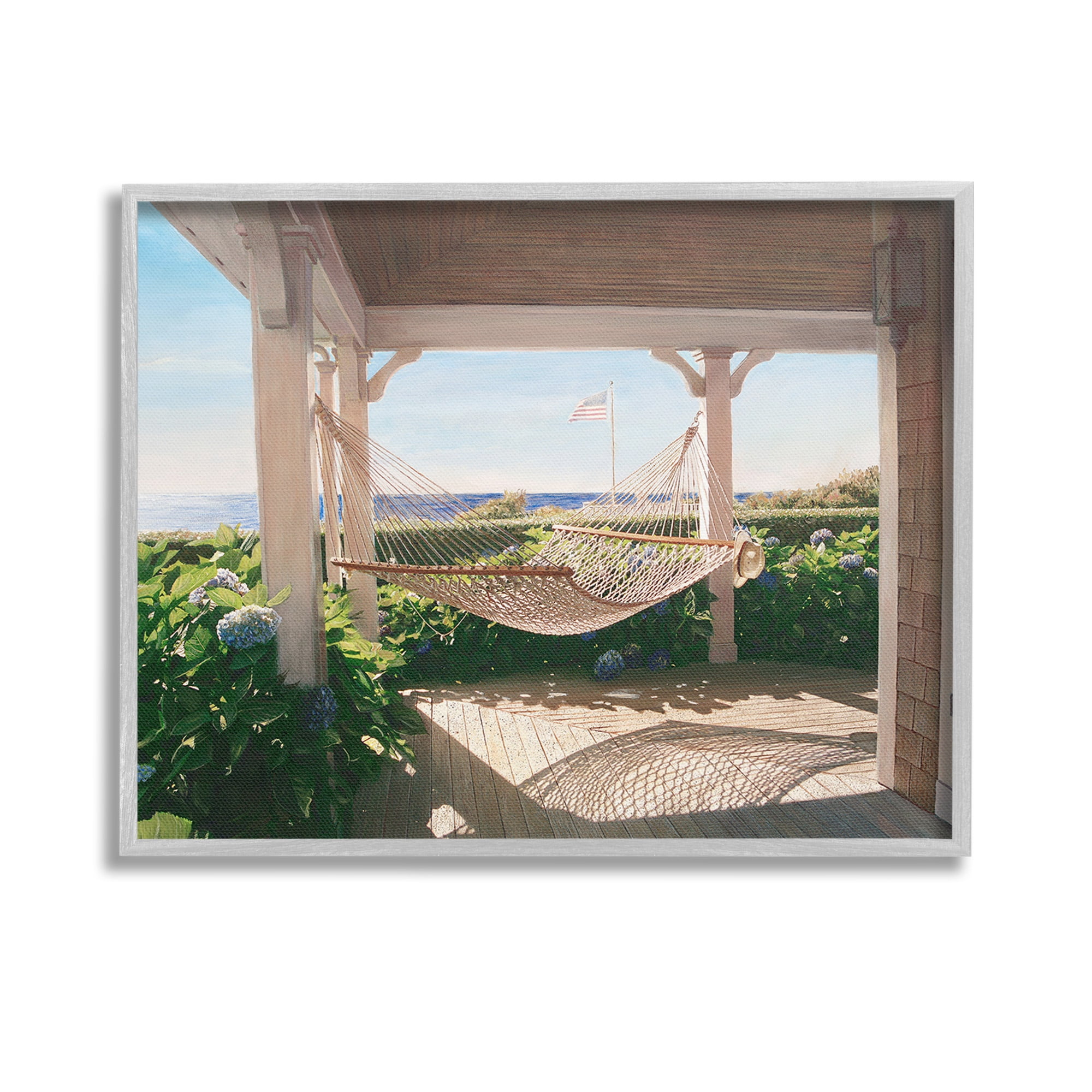 Stupell Industries Hammock & Coastal Porch Landscape Painting Gray Framed Art Print Wall Art, 14 x 11