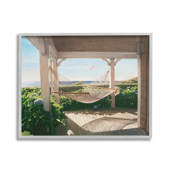 Stupell Industries Hammock & Coastal Porch Landscape Painting Gray Framed Art Print Wall Art, 20 x 16