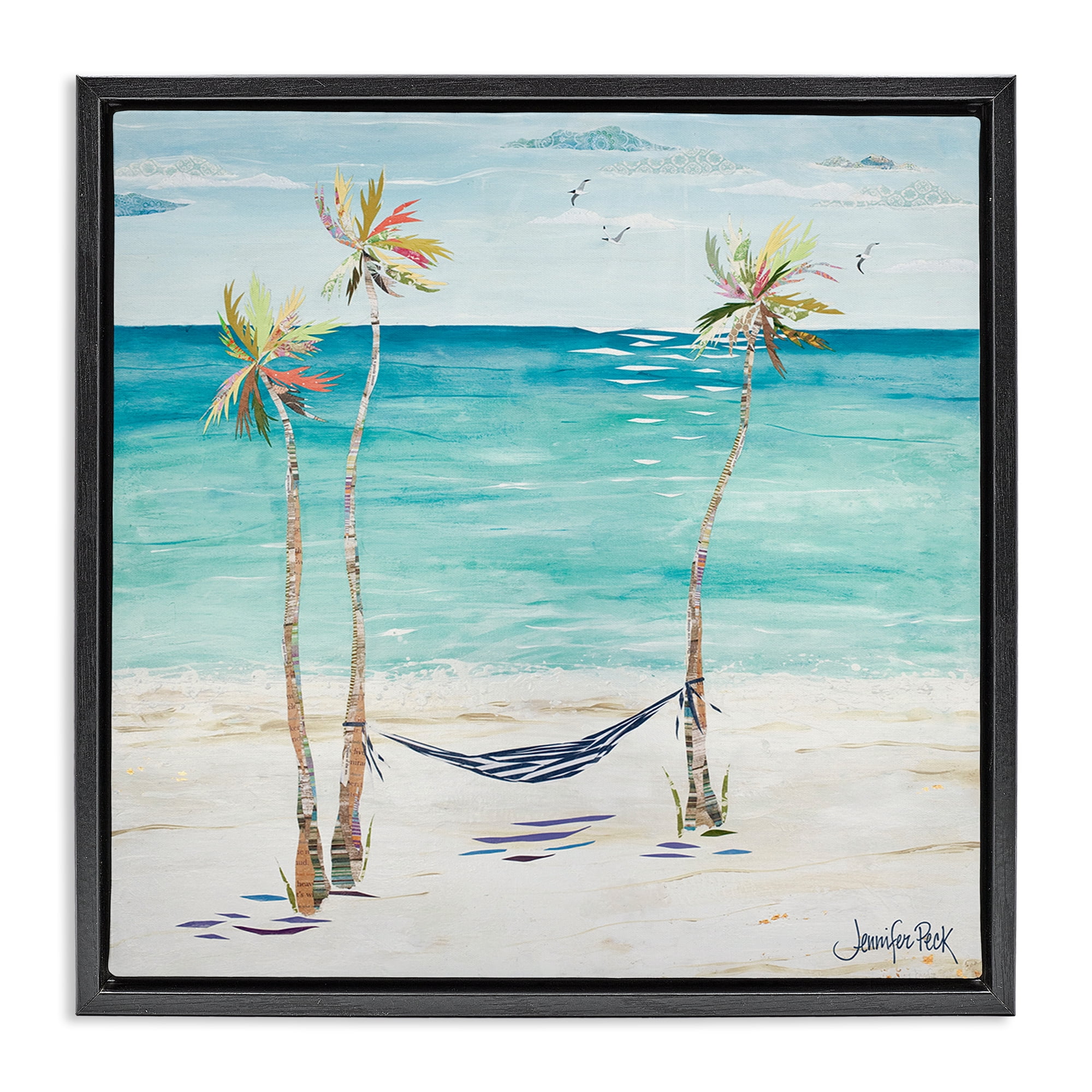 Stupell Industries Hammock & Three Palms Coastal Painting Black Floater Framed Canvas Art Print Wall Art, 18 x 18