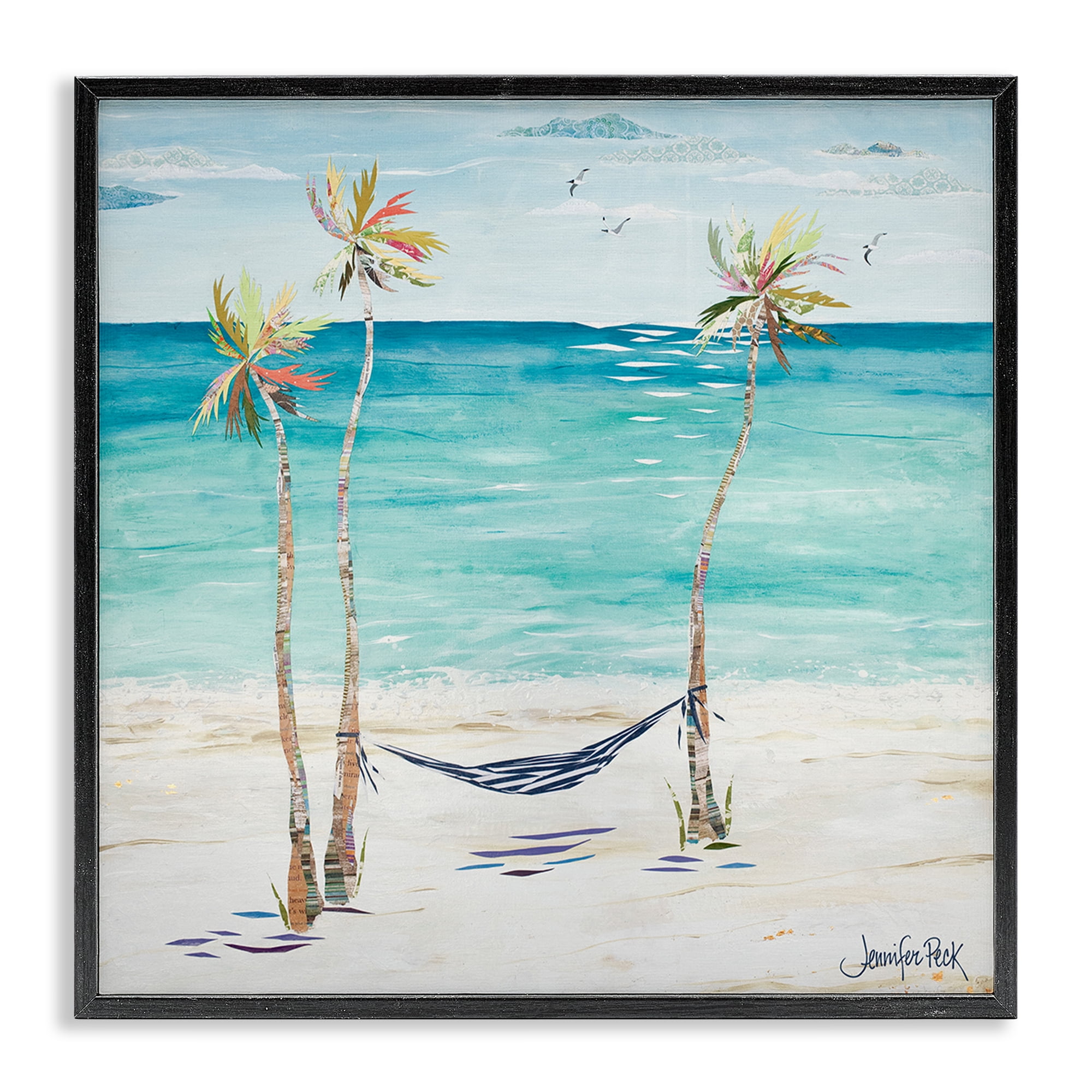 Stupell Industries Hammock & Three Palms Coastal Painting Black Framed Art Print Wall Art, 24 x 24