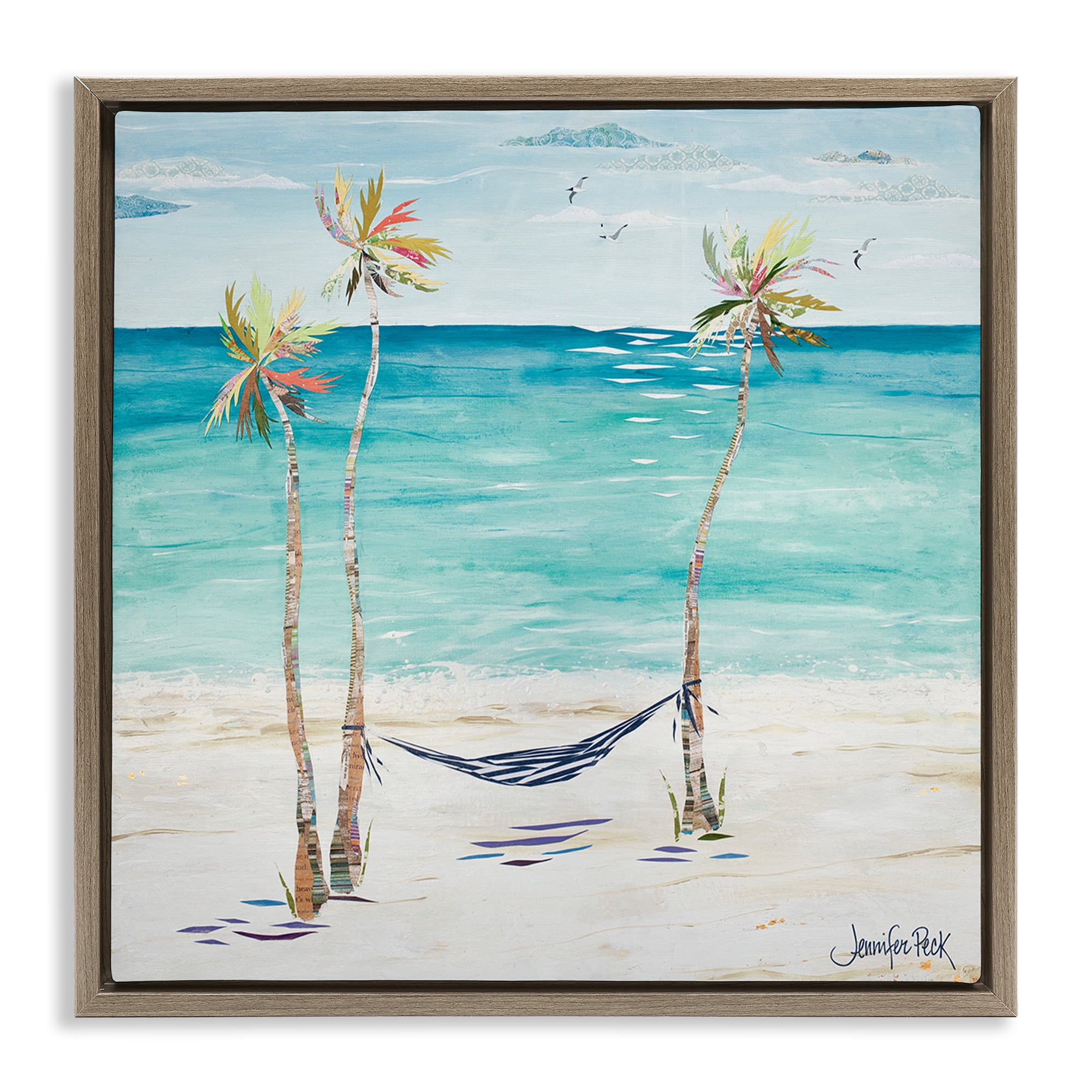 Stupell Industries Hammock & Three Palms Coastal Painting Brown Floater Framed Canvas Art Print Wall Art, 18 x 18