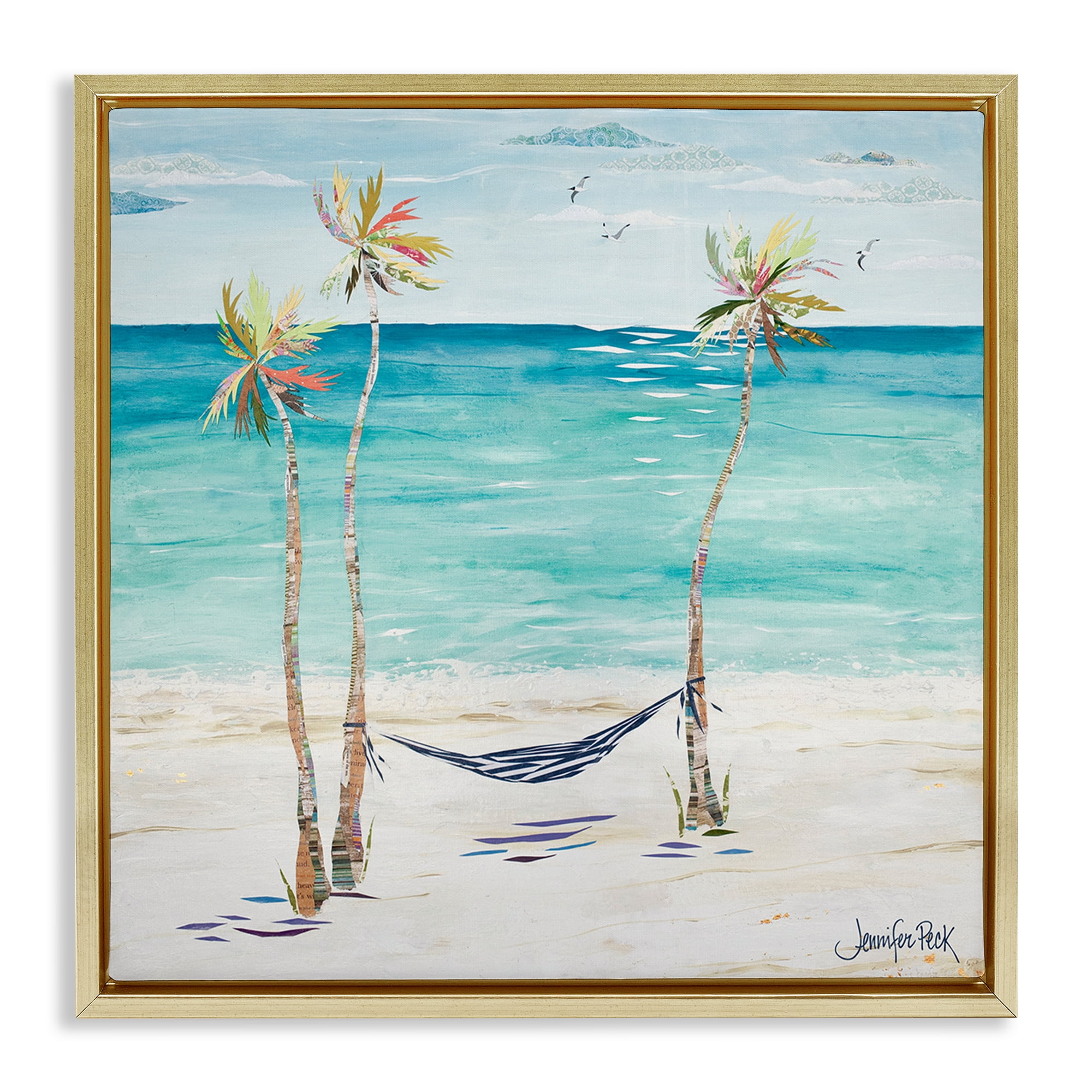 Stupell Industries Hammock & Three Palms Coastal Painting Gold Floater Framed Canvas Art Print Wall Art, 25 x 25