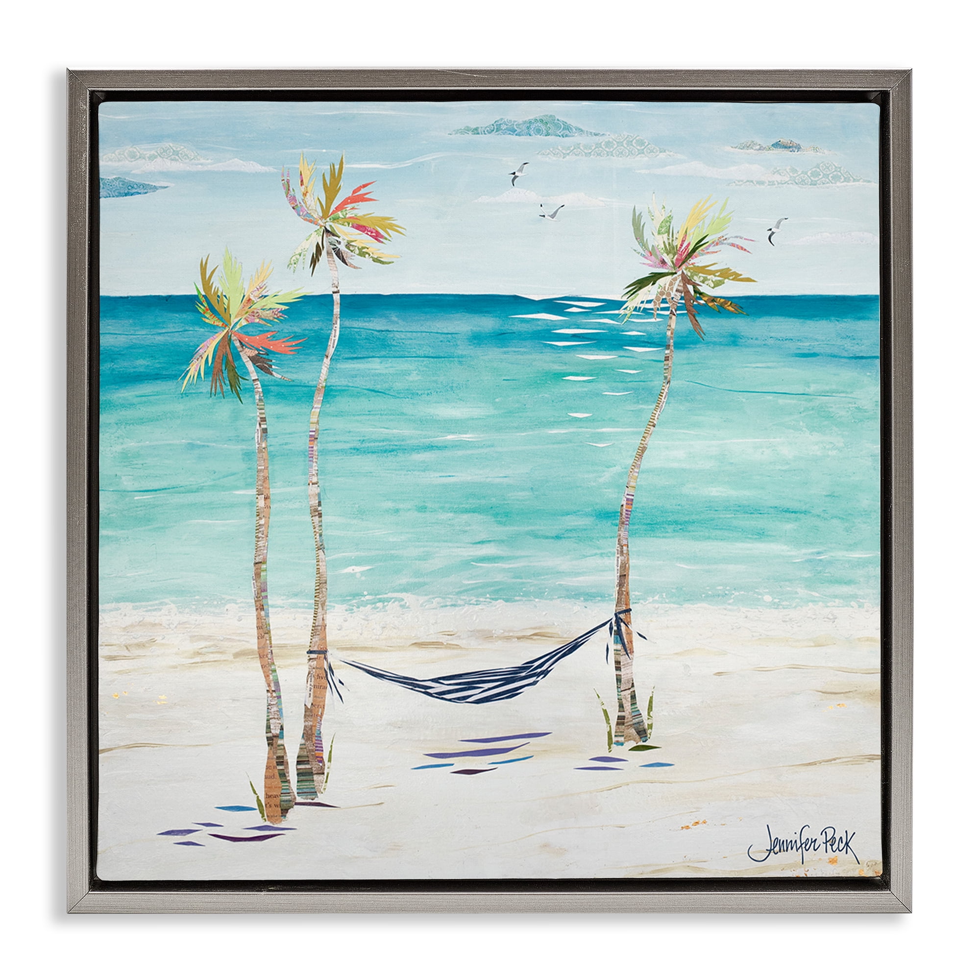 Stupell Industries Hammock & Three Palms Coastal Painting Gray Floater Framed Canvas Art Print Wall Art, 18 x 18