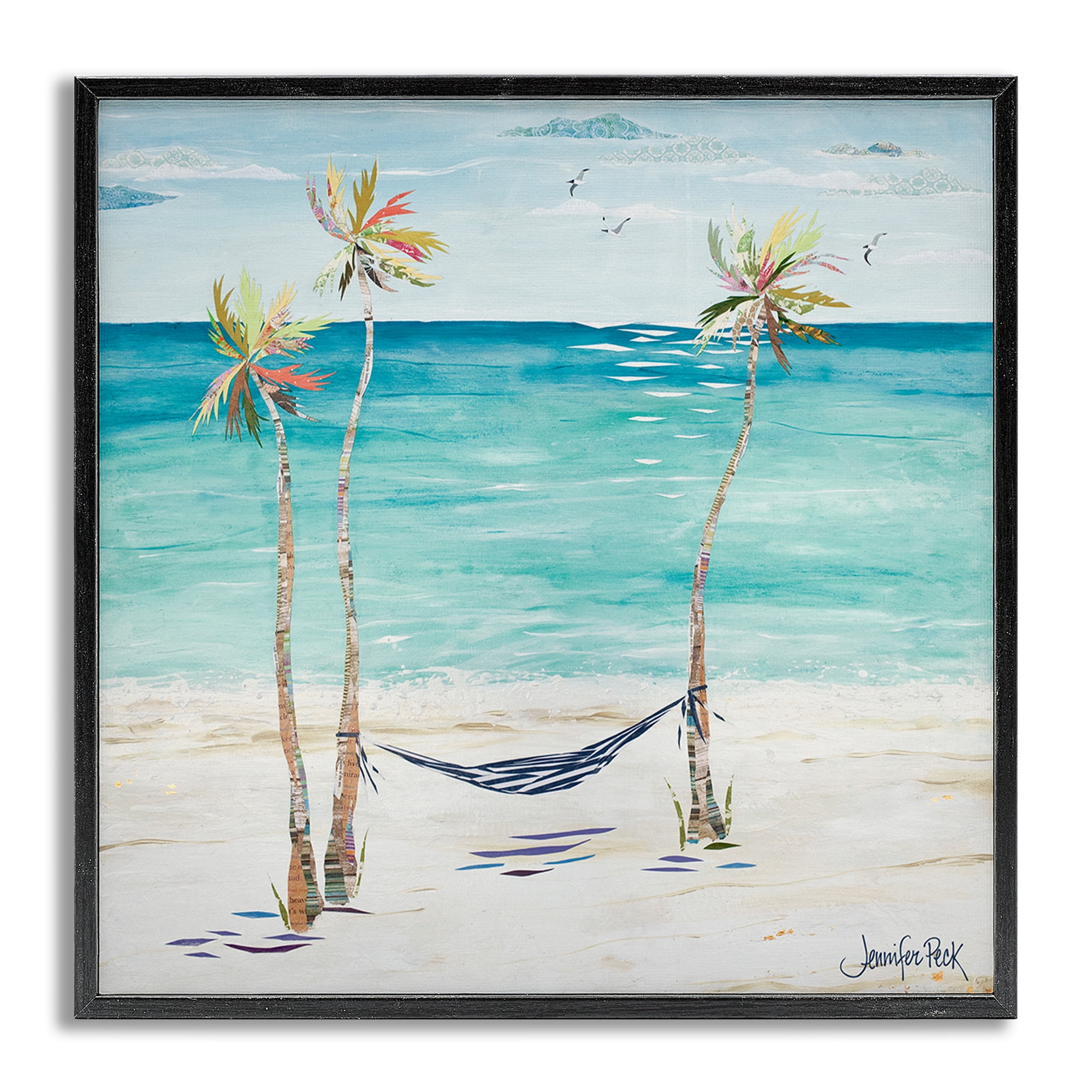Stupell Industries Hammock & Three Palms Coastal Painting Gray Framed Art Print Wall Art, 24 x 24