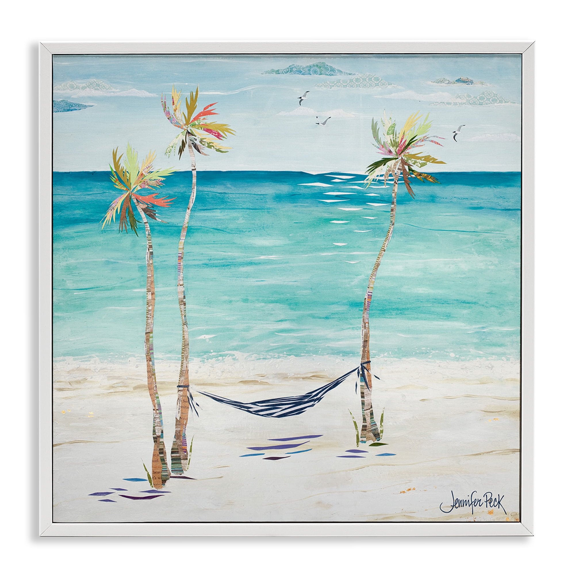 Stupell Industries Hammock & Three Palms Coastal Painting White Framed Art Print Wall Art, 12 x 12