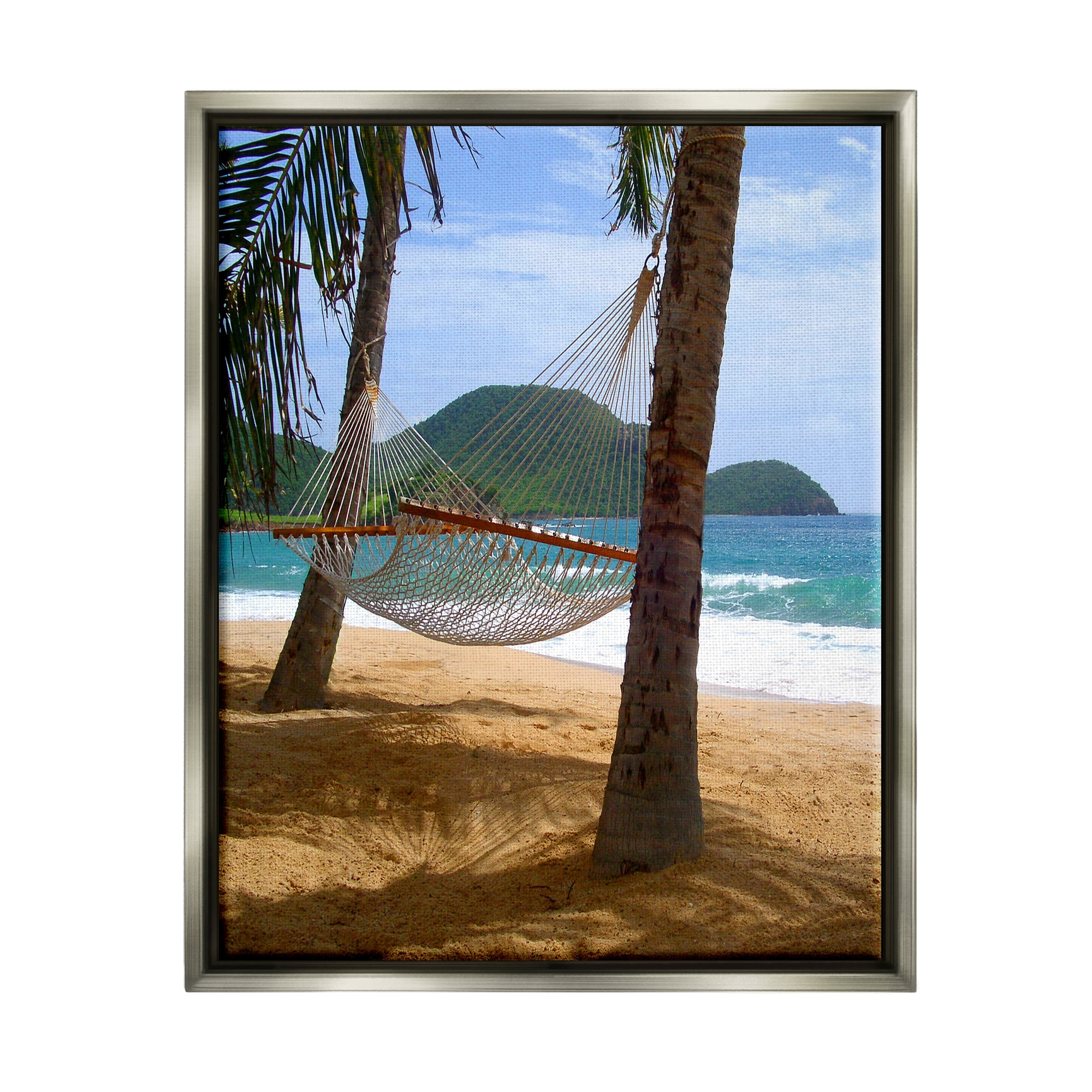 Stupell Industries Hammock on Palm Trees Nature Photography Gray Floater Framed Art Print Wall Art, 17 x 21