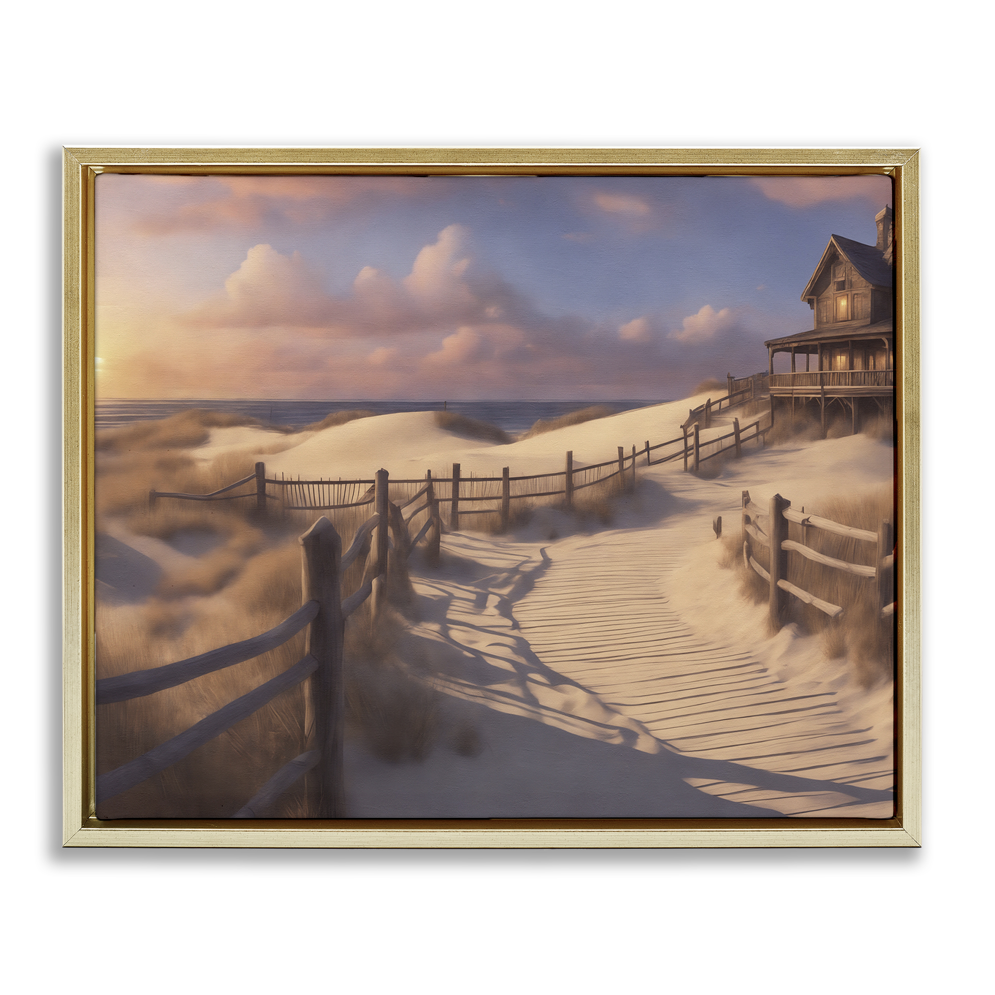 Stupell Industries Hampton Dunes Landscape Nautical & Beach Painting Gold Floater Framed Canvas Art Print Wall Art, 21 x 17