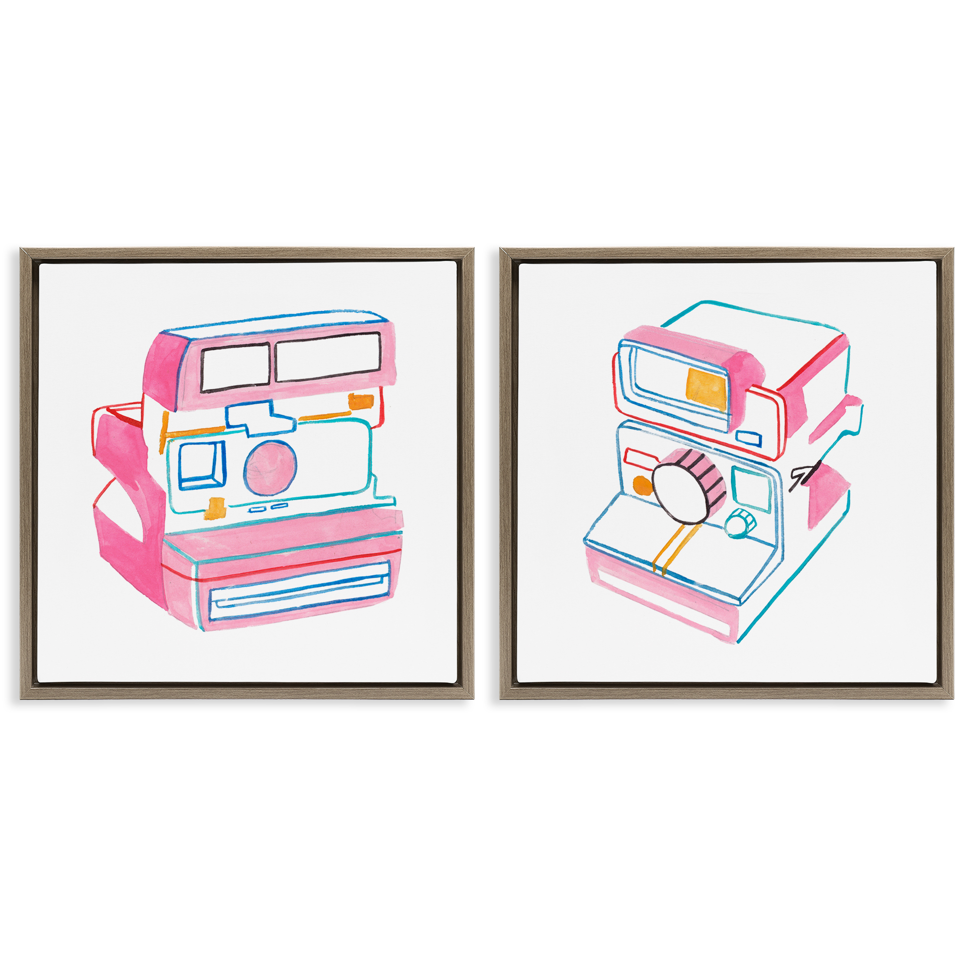 Stupell Industries Hand Drawn Vintage Camera Entertainment Painting Brown Floater Framed Canvas Art Print Wall Art, 18 x 18, Set of 2