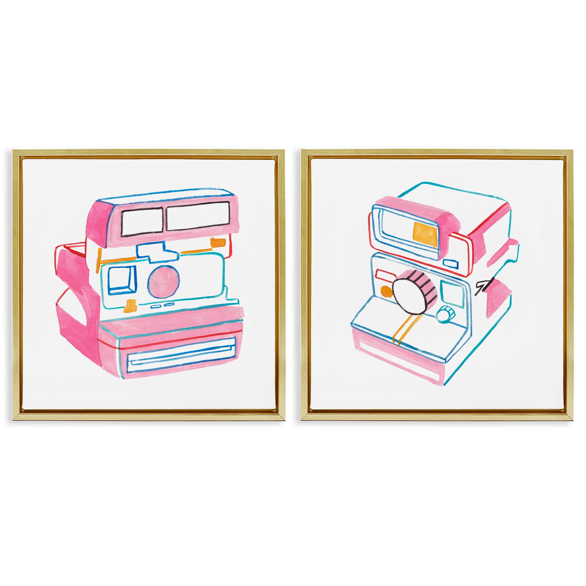 Stupell Industries Hand Drawn Vintage Camera Entertainment Painting Gold Floater Framed Canvas Art Print Wall Art, 18 x 18, Set of 2