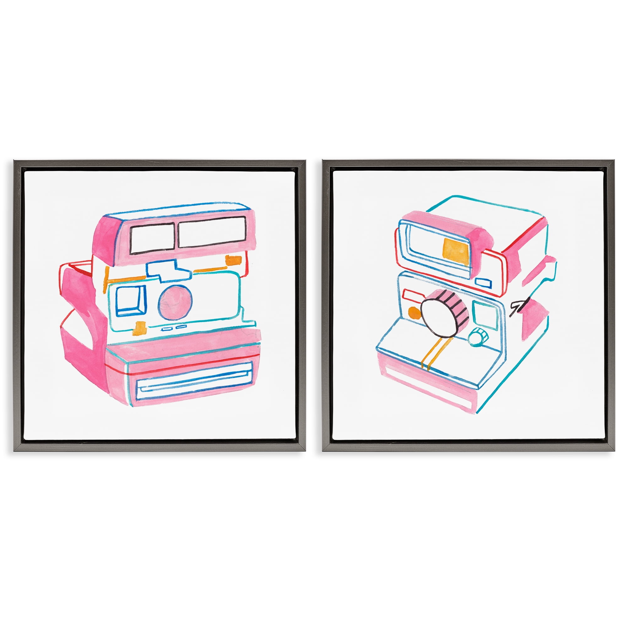 Stupell Industries Hand Drawn Vintage Camera Entertainment Painting Gray Floater Framed Canvas Art Print Wall Art, 25 x 25, Set of 2
