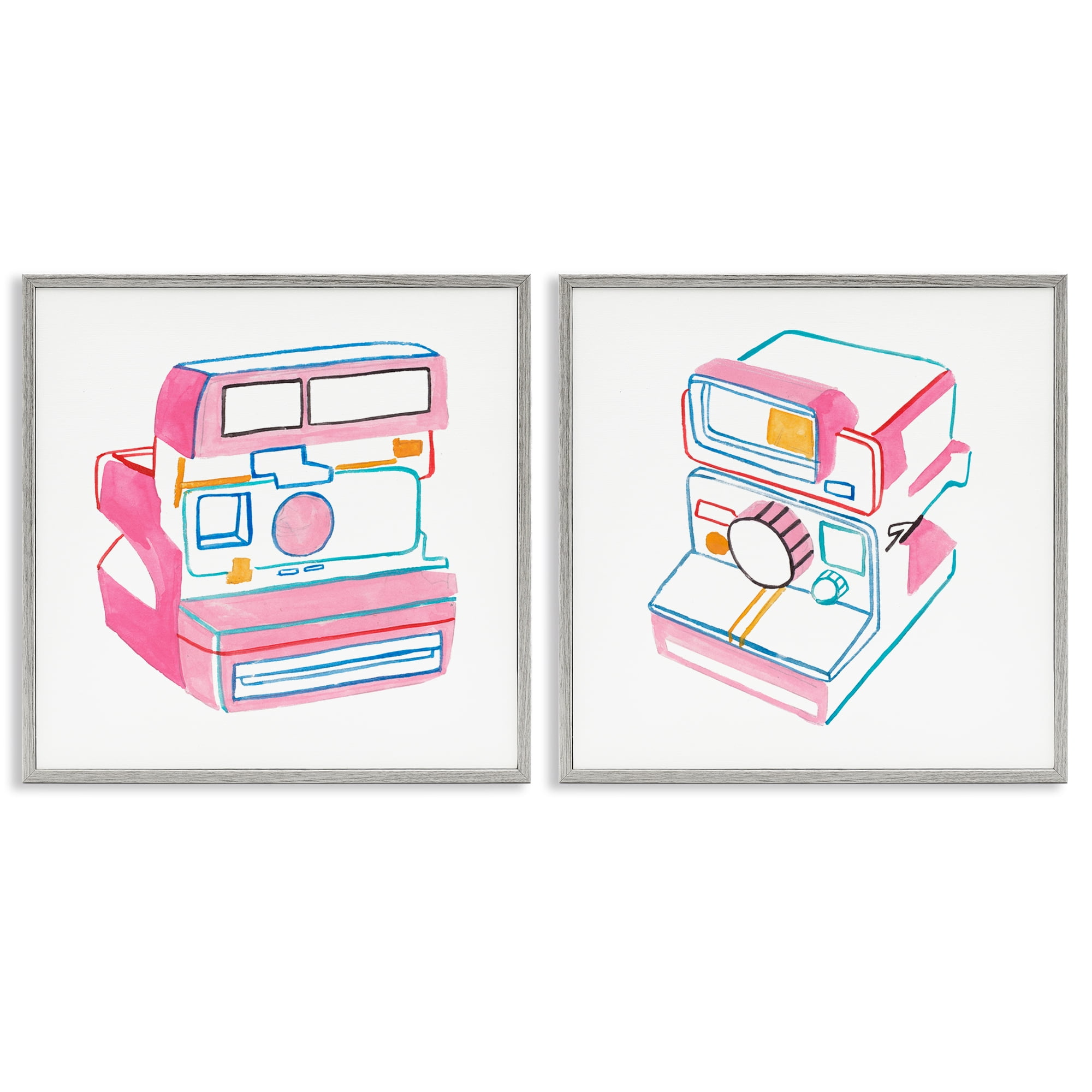 Stupell Industries Hand Drawn Vintage Camera Entertainment Painting Gray Framed Art Print Wall Art, 24 x 24, Set of 2