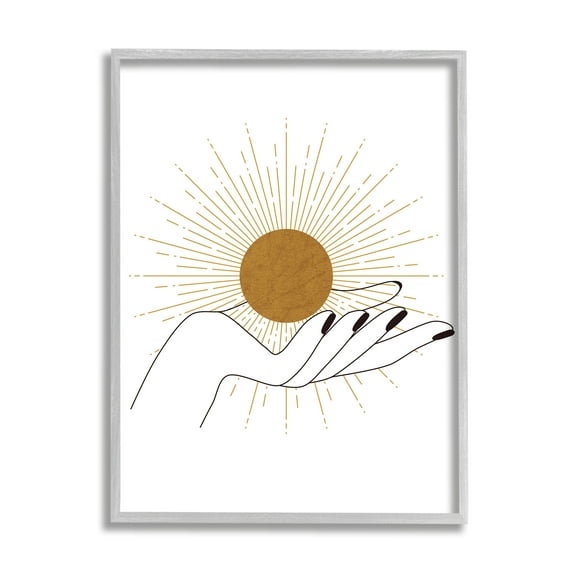 Stupell Industries Hand Holding Deco Inspired Sun with Rays Modern Painting Gray Framed Art Print Wall Art, 11 x 14, Design by JJ Design House LLC