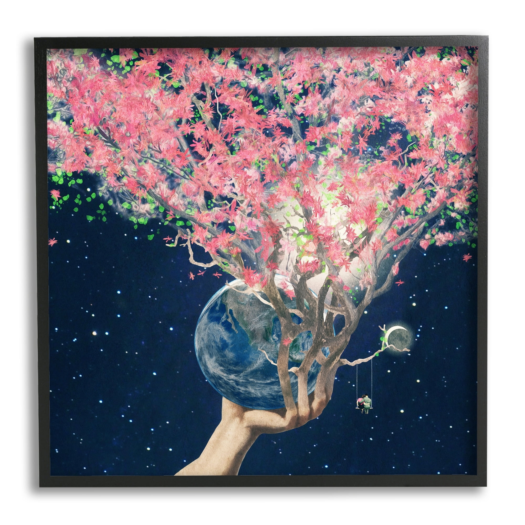 Stupell Industries Hand Holding Earth Blossoms Surreal Planet Lunar Starry Night,17 x 30, Design by Paula Belle Flores