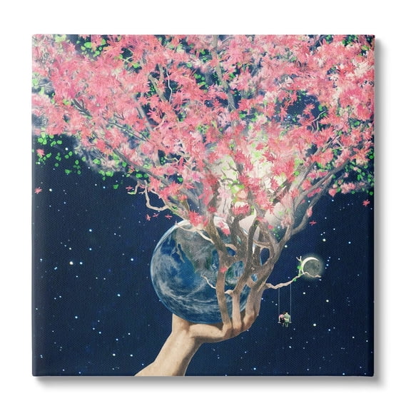 Stupell Industries Hand Holding Earth Blossoms Surreal Planet Lunar Starry Night,24 x 24, Design by Paula Belle Flores
