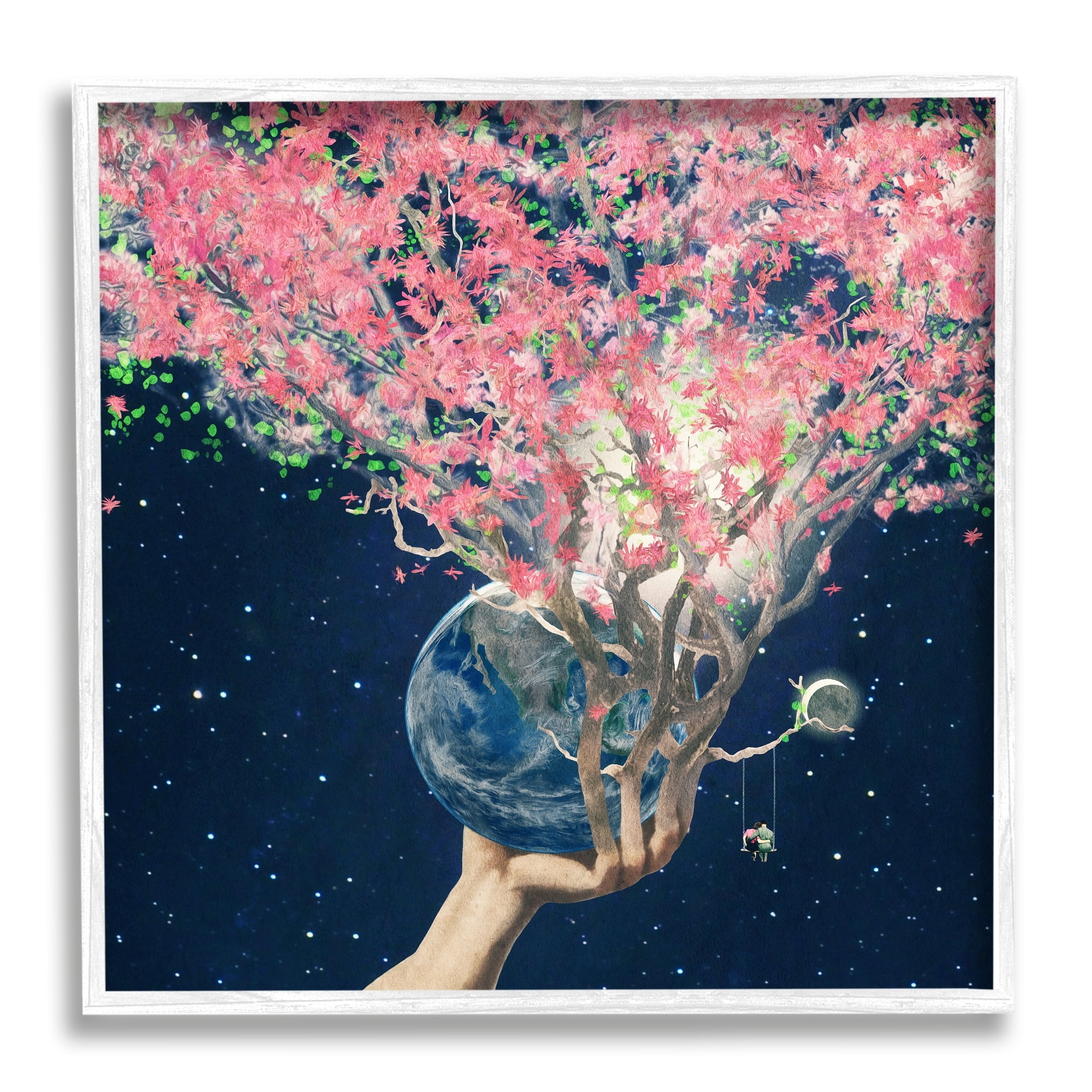 Hand Holding Earth Blossoms Surreal Planet Lunar Starry Night Abstract Painting Framed Art Print Wall Art